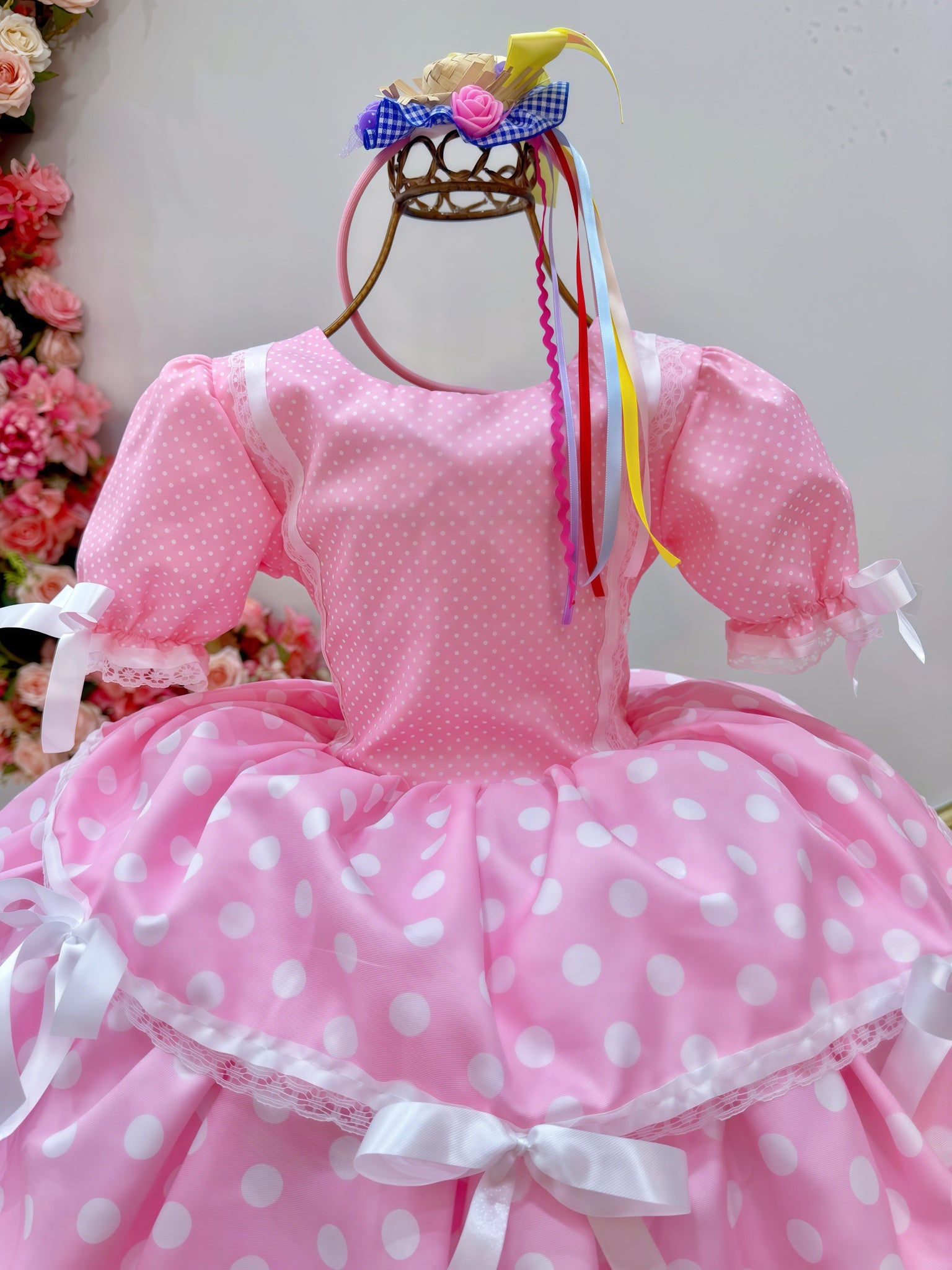 Vestido Infantil Junino Arraiá Rosa Claro Saia C/ Babados
