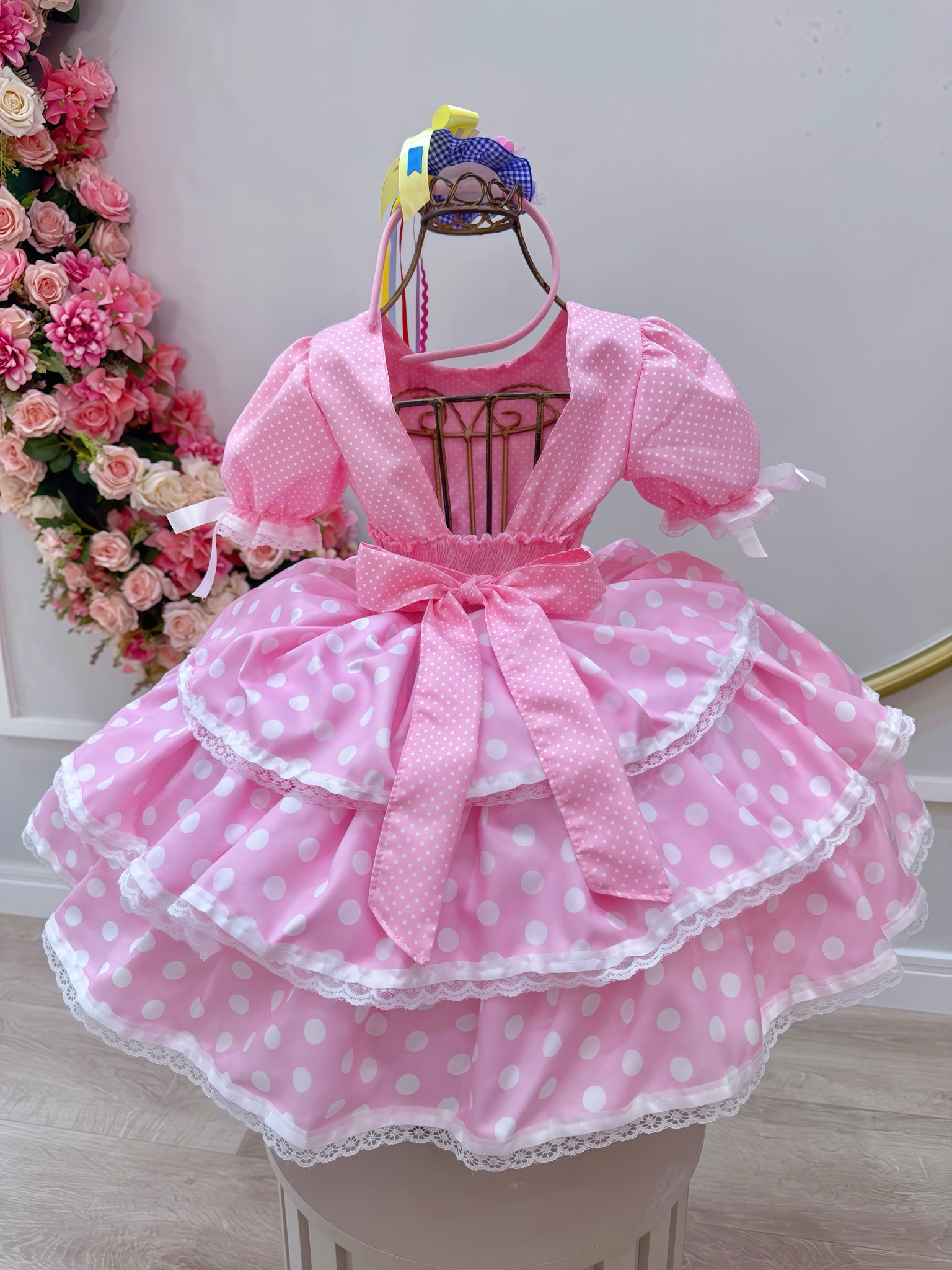 Vestido Infantil Junino Arraiá Rosa Claro Saia C/ Babados