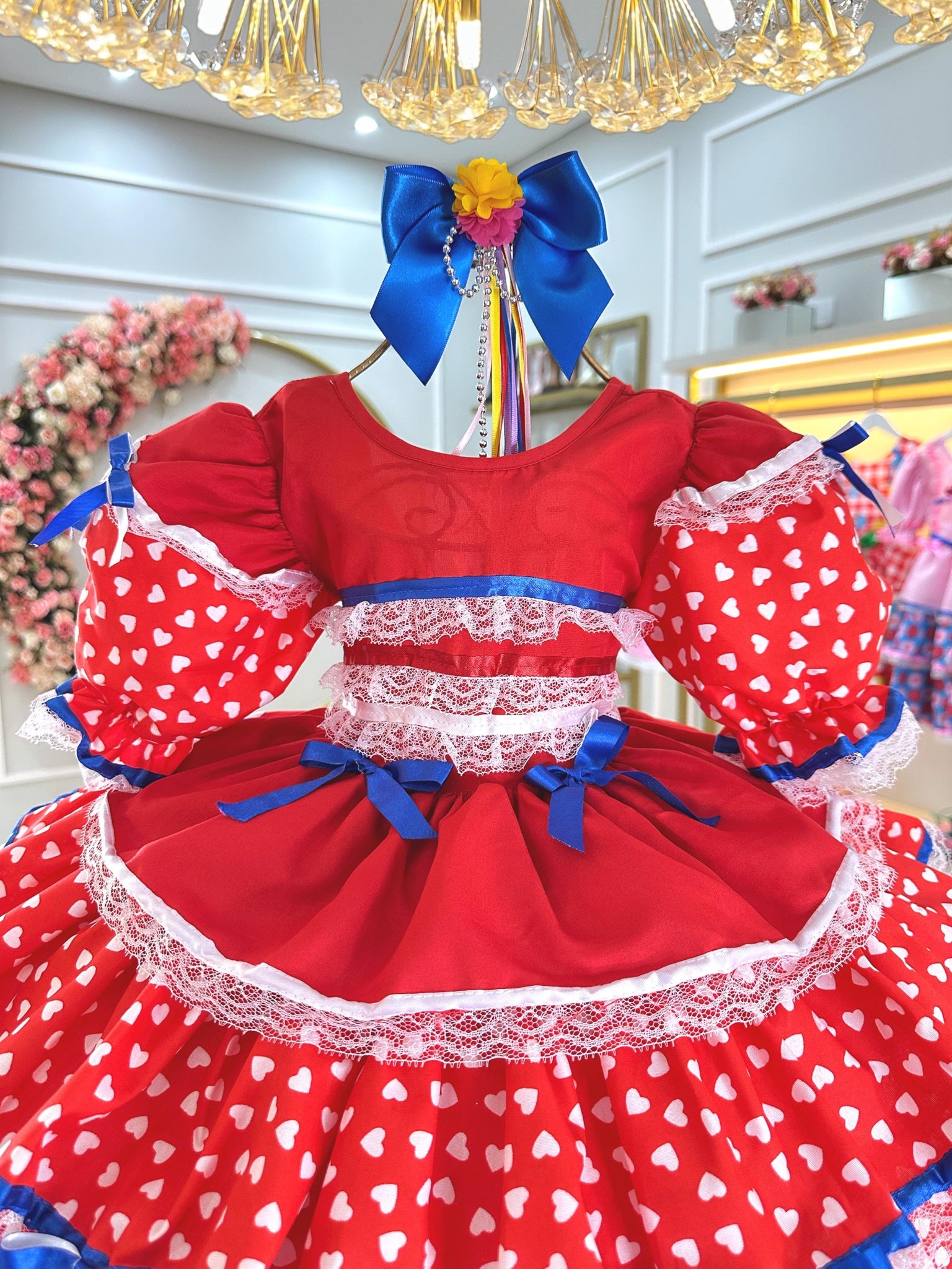 Vestido Infantil Junino Arraiá Vermelho C/ Desenho Corações