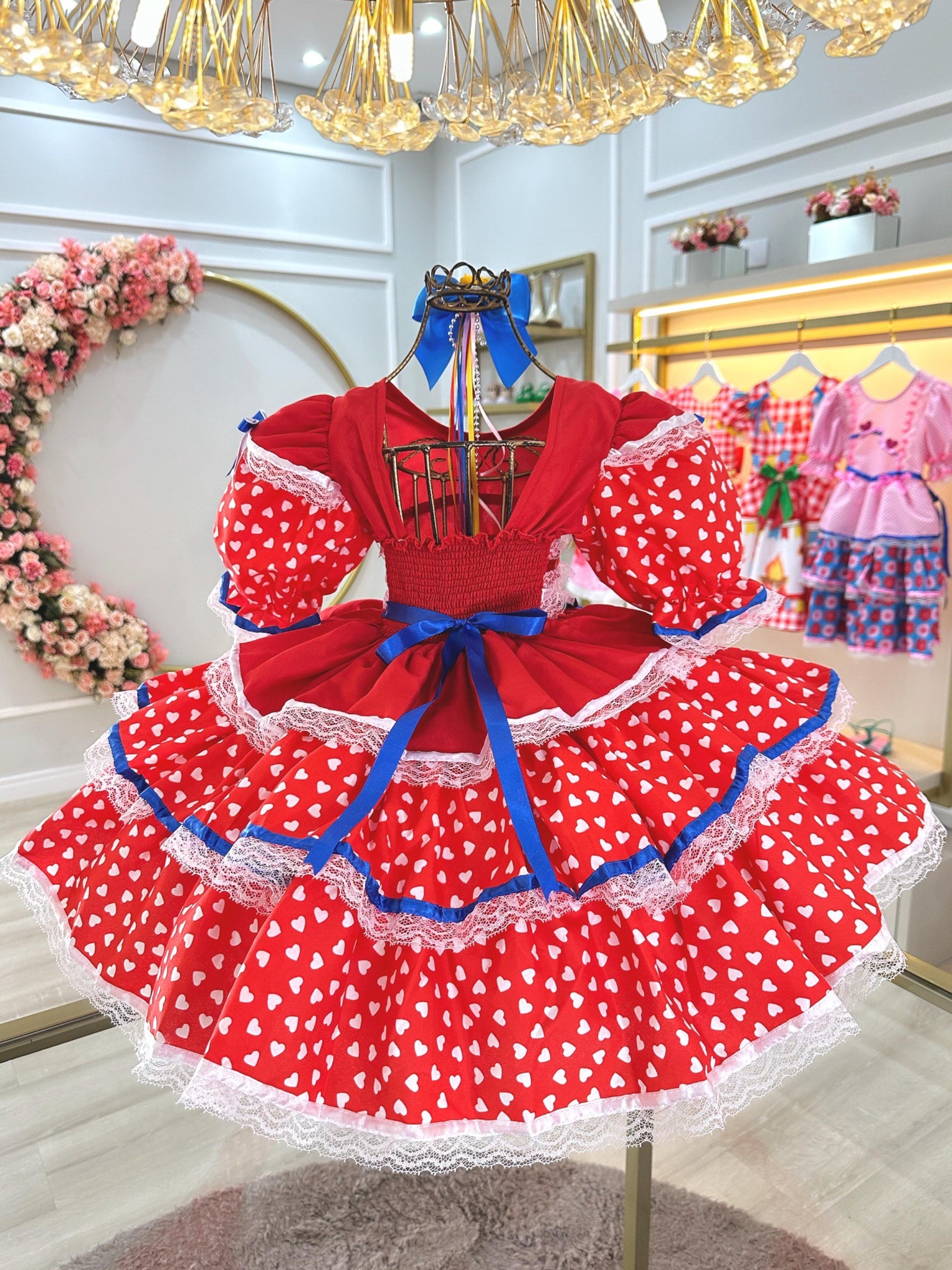 Vestido Infantil Junino Arraiá Vermelho C/ Desenho Corações