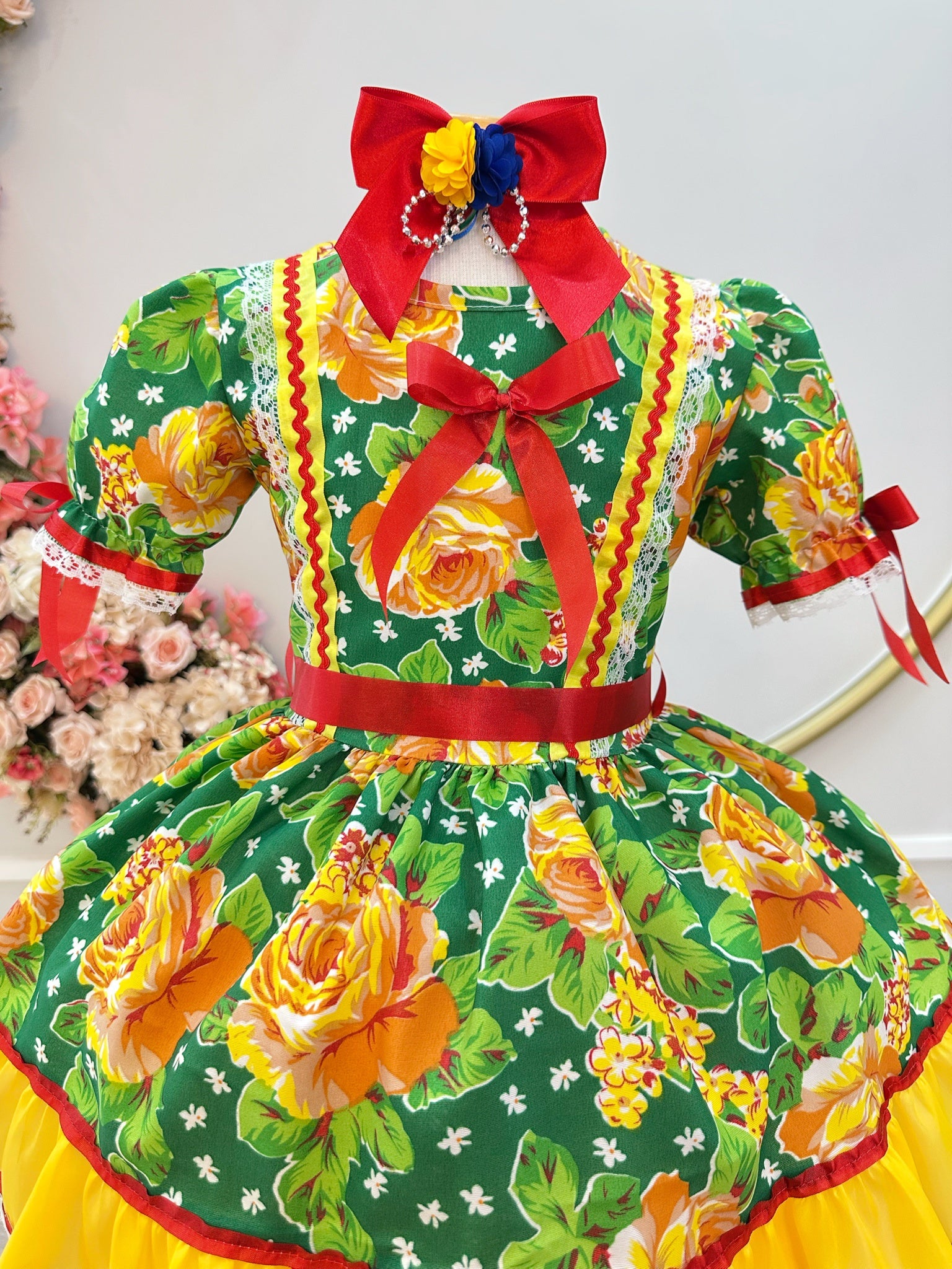 Vestido Infantil Junino Arrraiá Verde Com Estampa Colorida