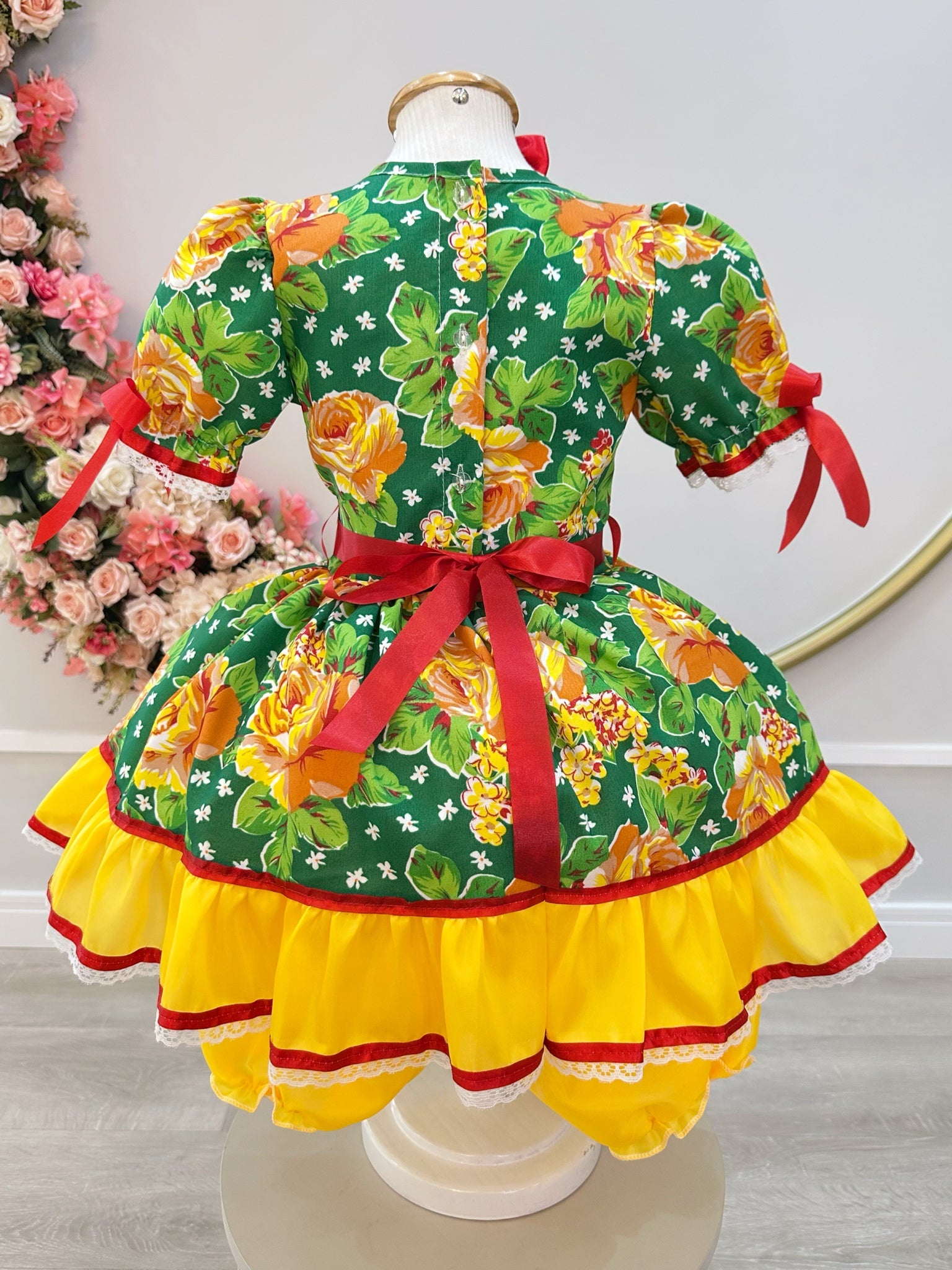 Vestido Infantil Junino Arrraiá Verde Com Estampa Colorida