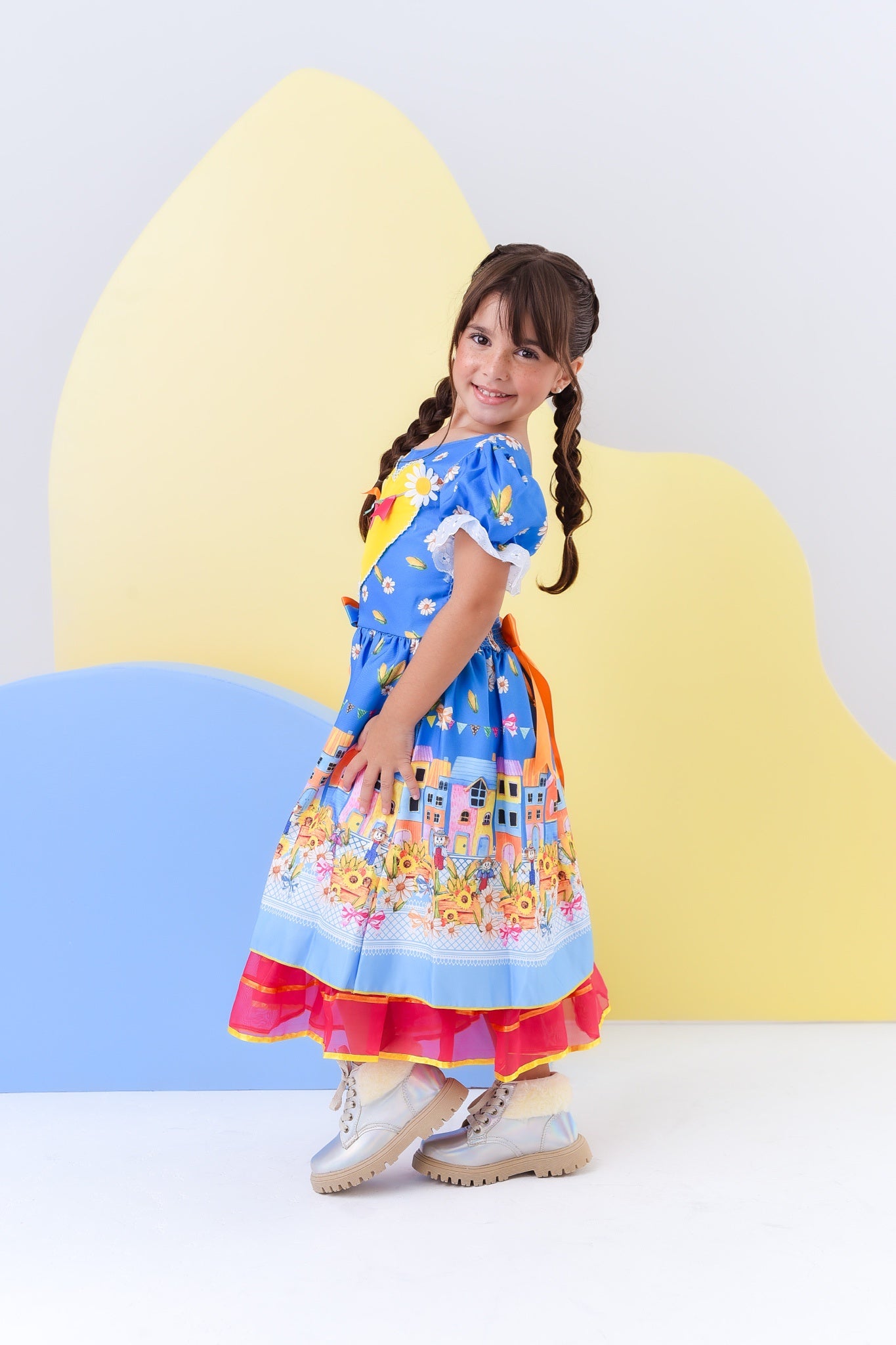 Vestido Infantil Junino Azul Colorido Festa Folia Premium