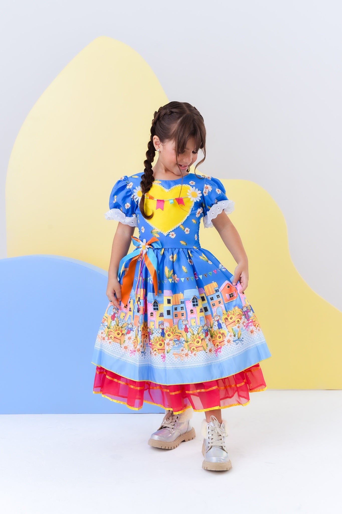 Vestido Infantil Junino Azul Colorido Festa Folia Premium