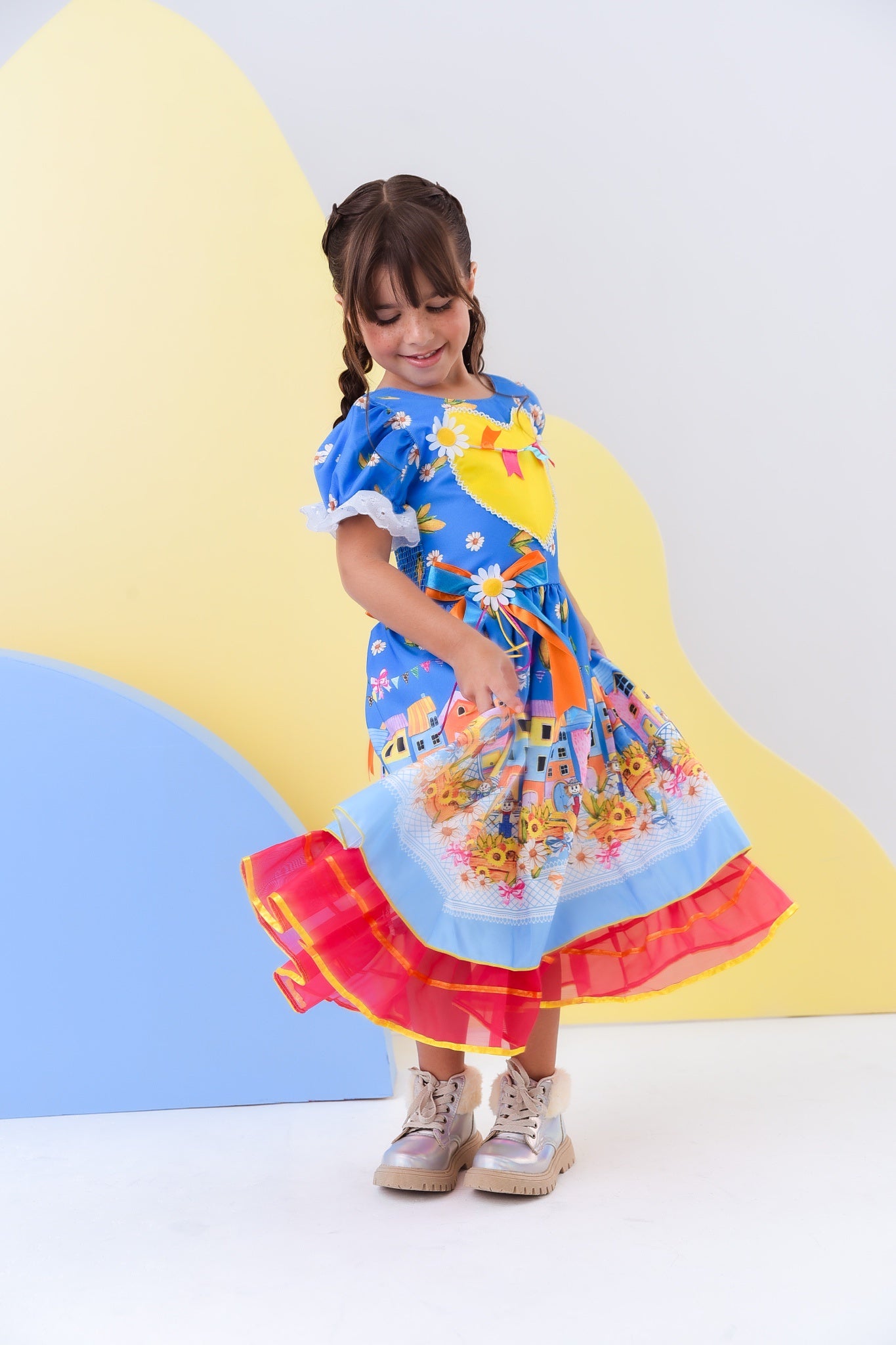 Vestido Infantil Junino Azul Colorido Festa Folia Premium
