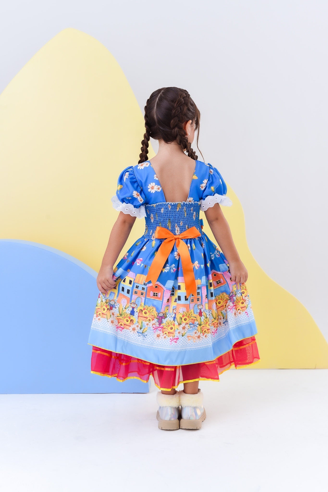 Vestido Infantil Junino Azul Colorido Festa Folia Premium