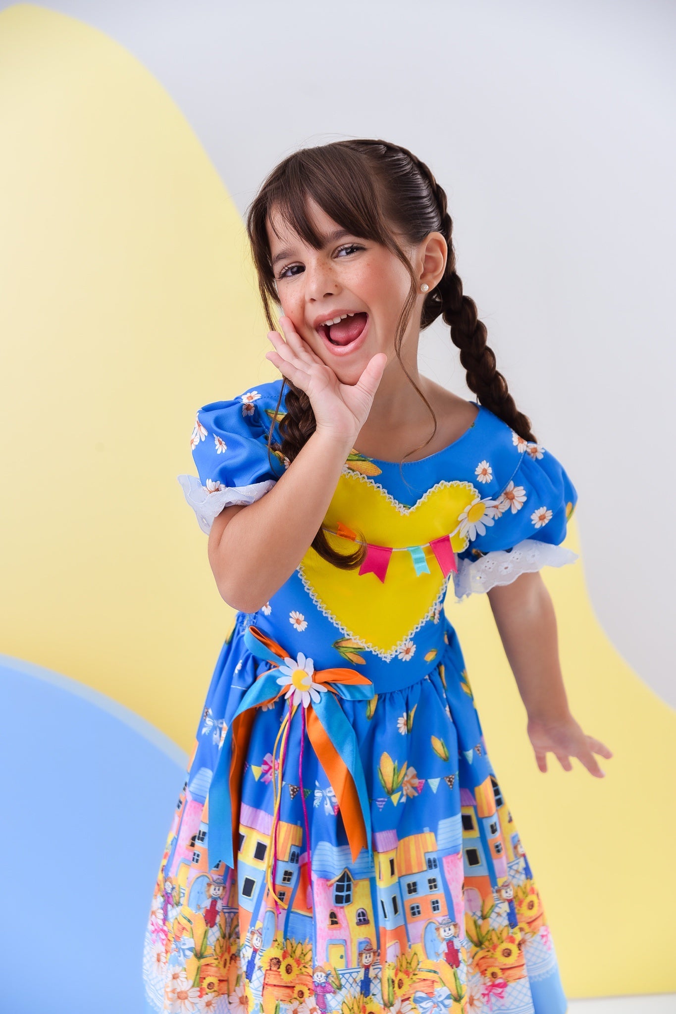 Vestido Infantil Junino Azul Colorido Festa Folia Premium