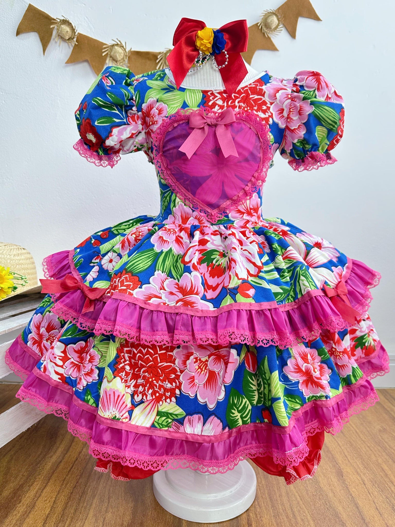 Vestido Infantil Junino Azul Coração Florzinhas Coloridas