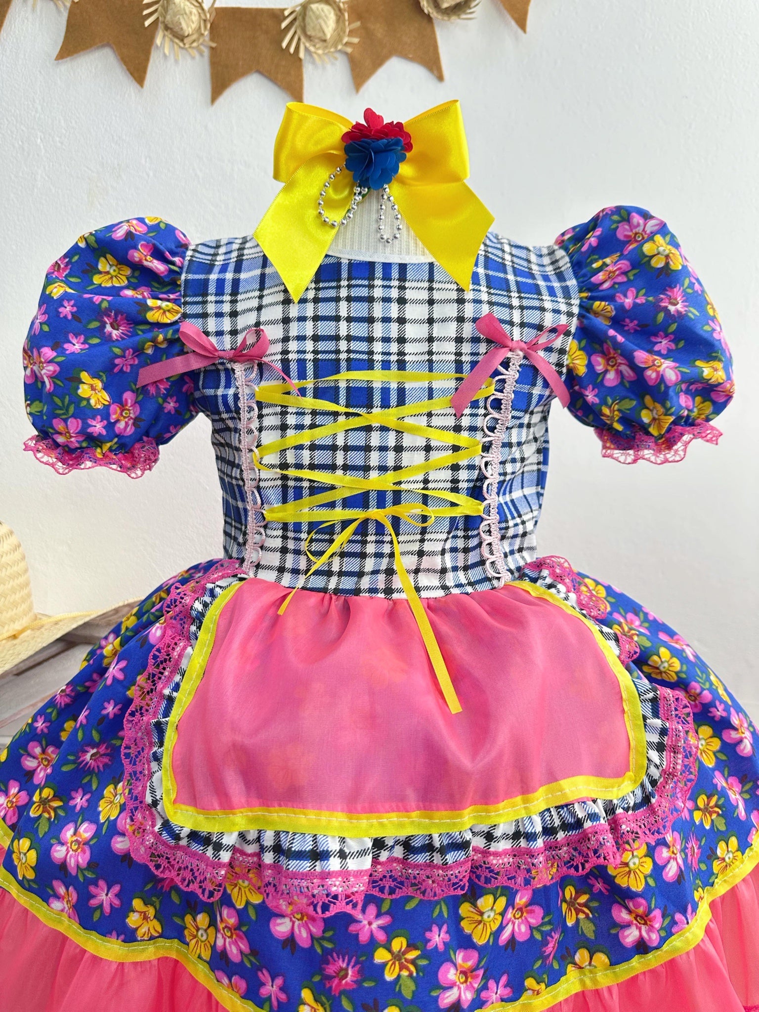 Vestido Infantil Junino Caipira Azul Colorido Florzinhas