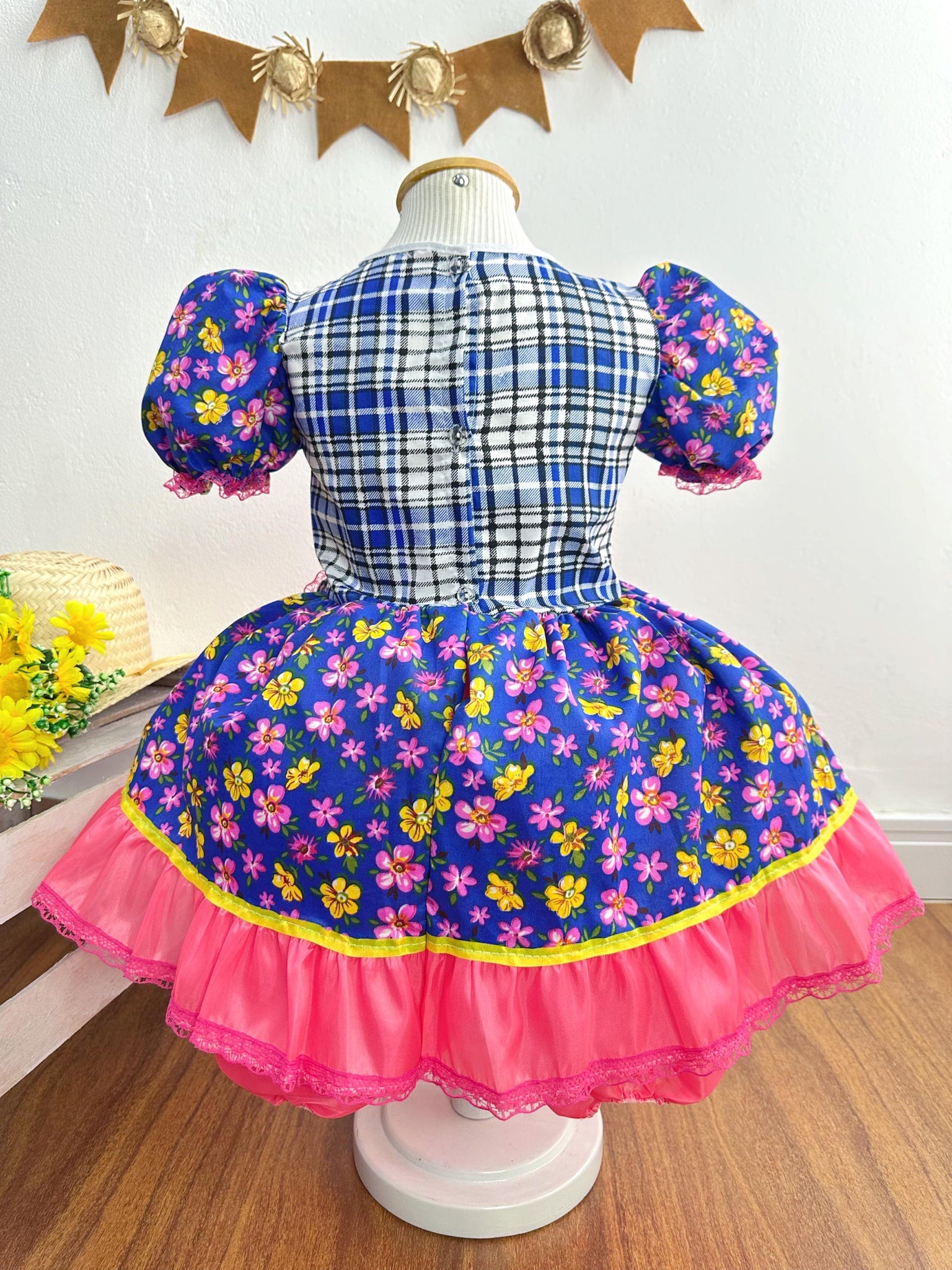 Vestido Infantil Junino Caipira Azul Colorido Florzinhas