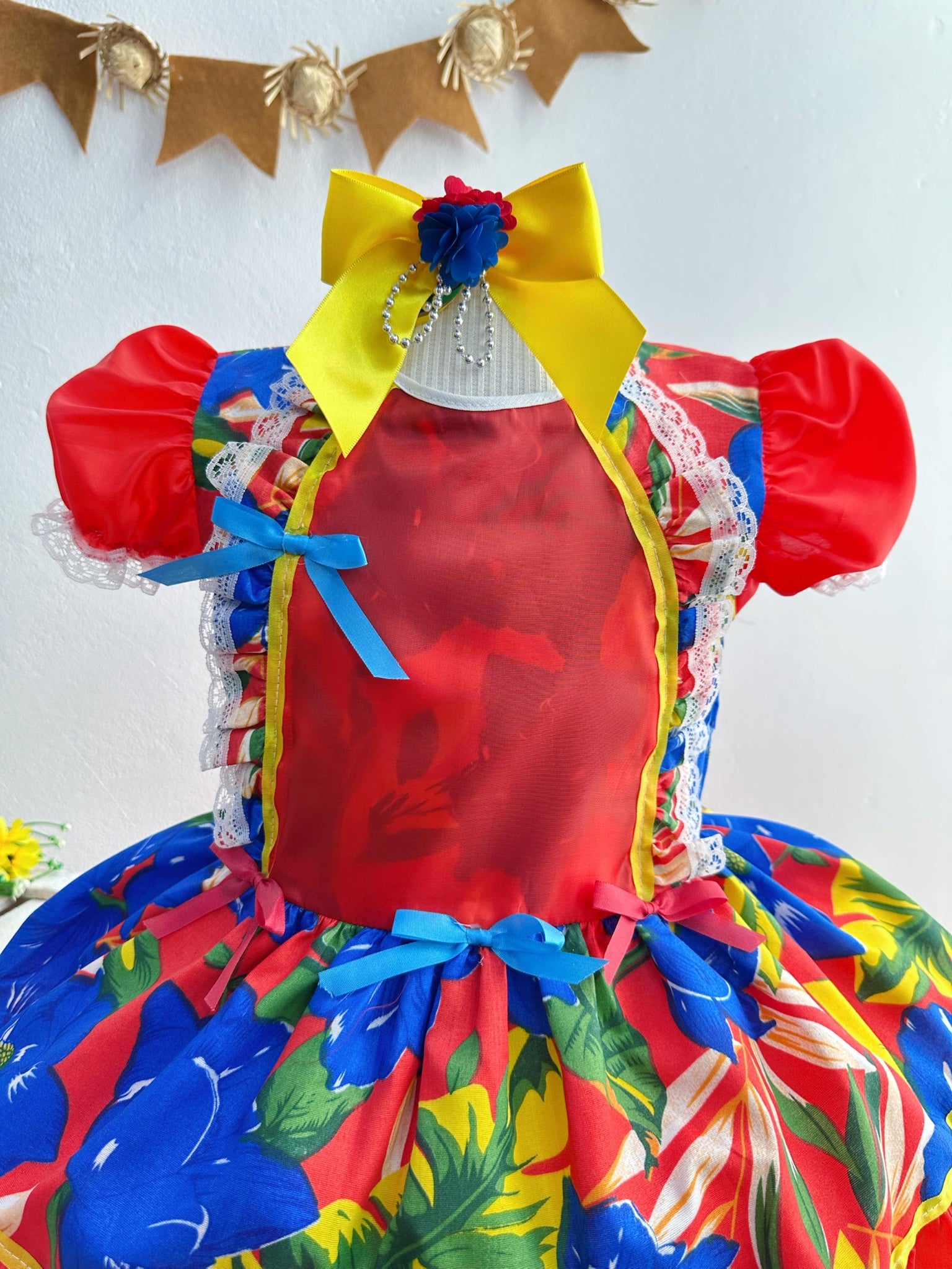 Vestido Infantil Junino Caipira Azul Flores Coloridas