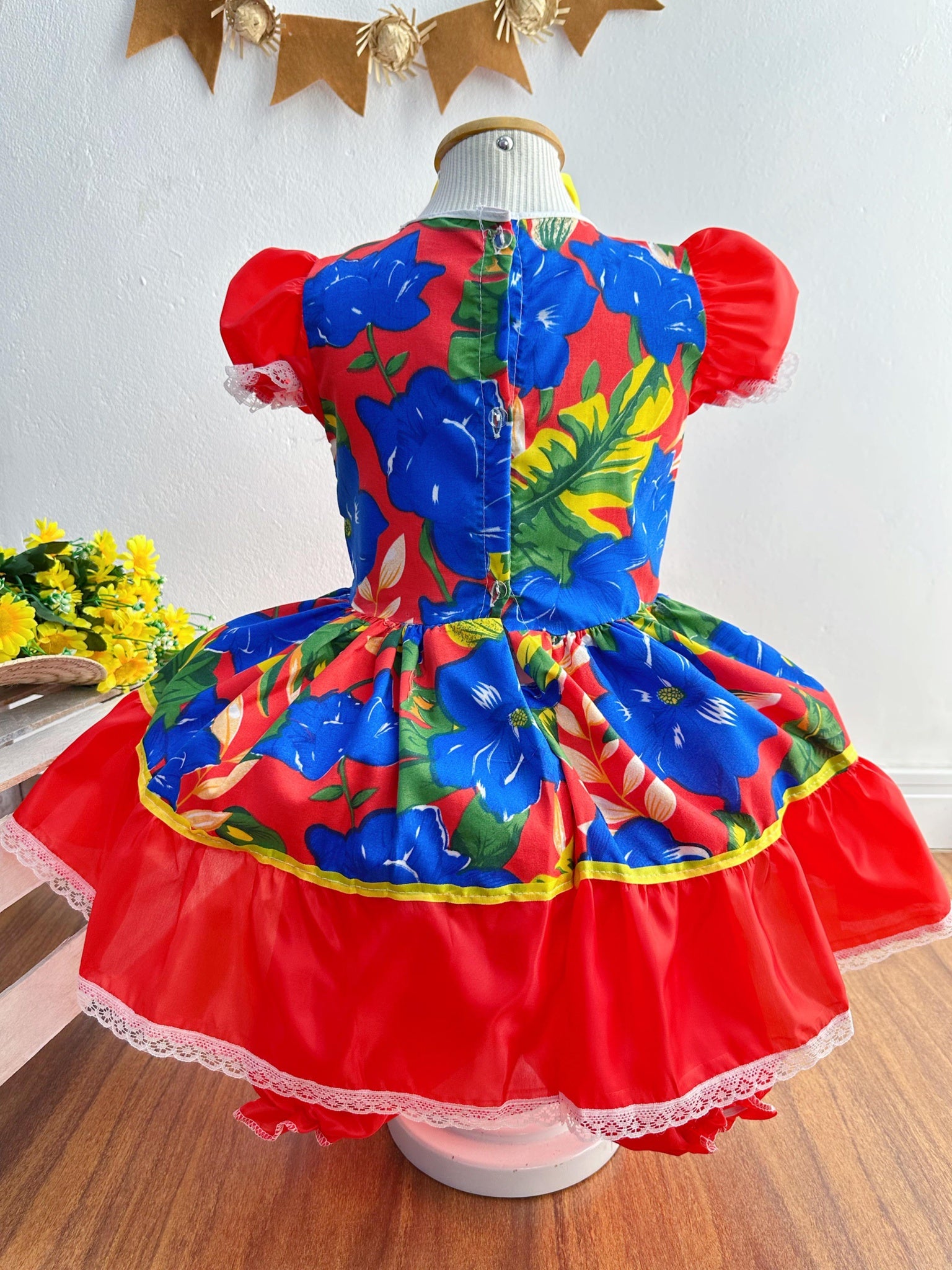 Vestido Infantil Junino Caipira Azul Flores Coloridas