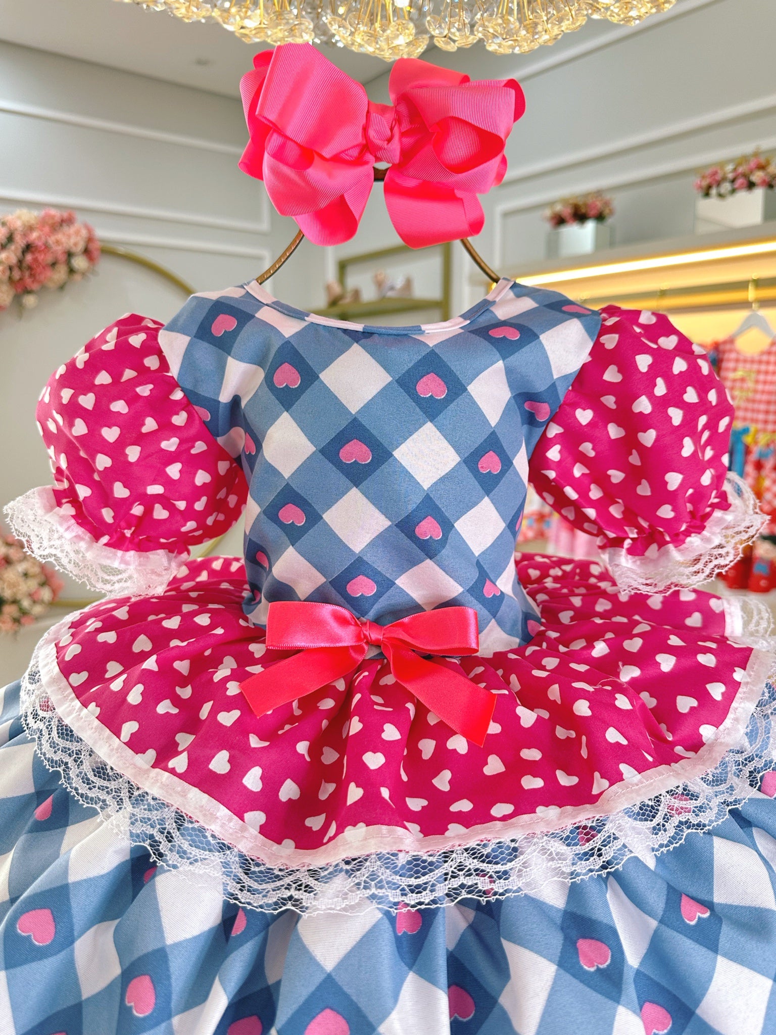 Vestido Infantil Junino Caipira Azul Xadrez Colorido Corações