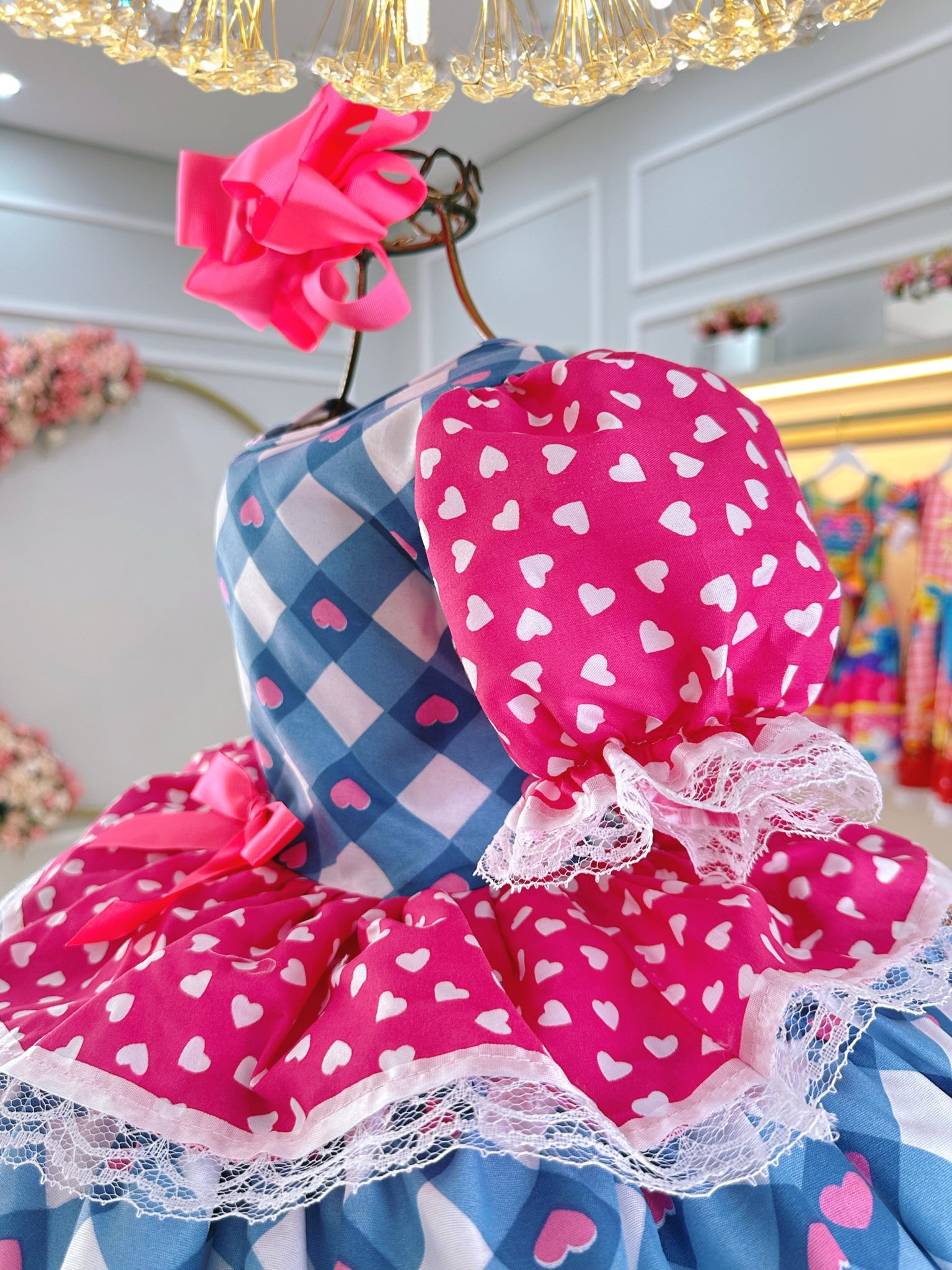 Vestido Infantil Junino Caipira Azul Xadrez Colorido Corações