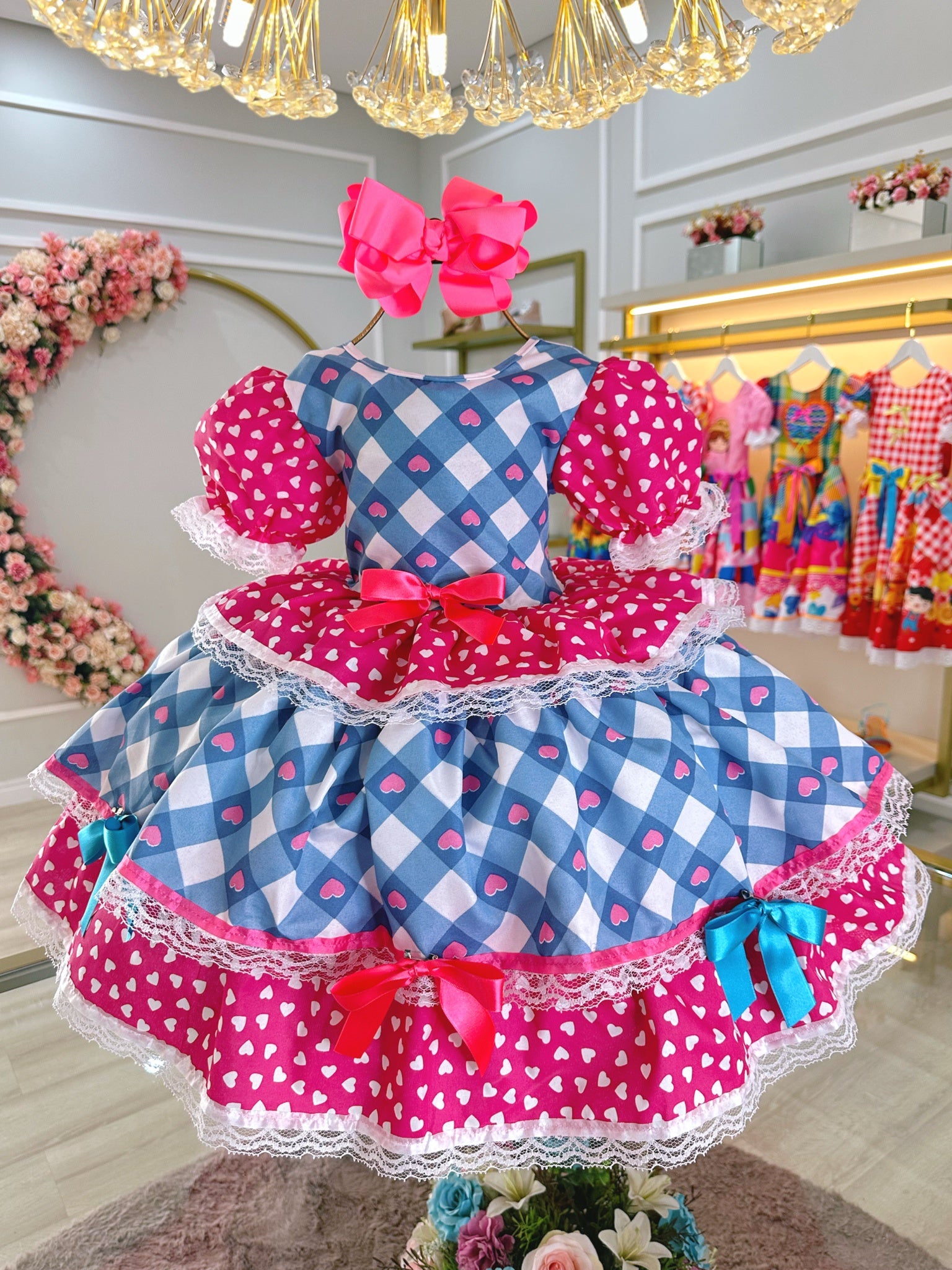 Vestido Infantil Junino Caipira Azul Xadrez Colorido Corações