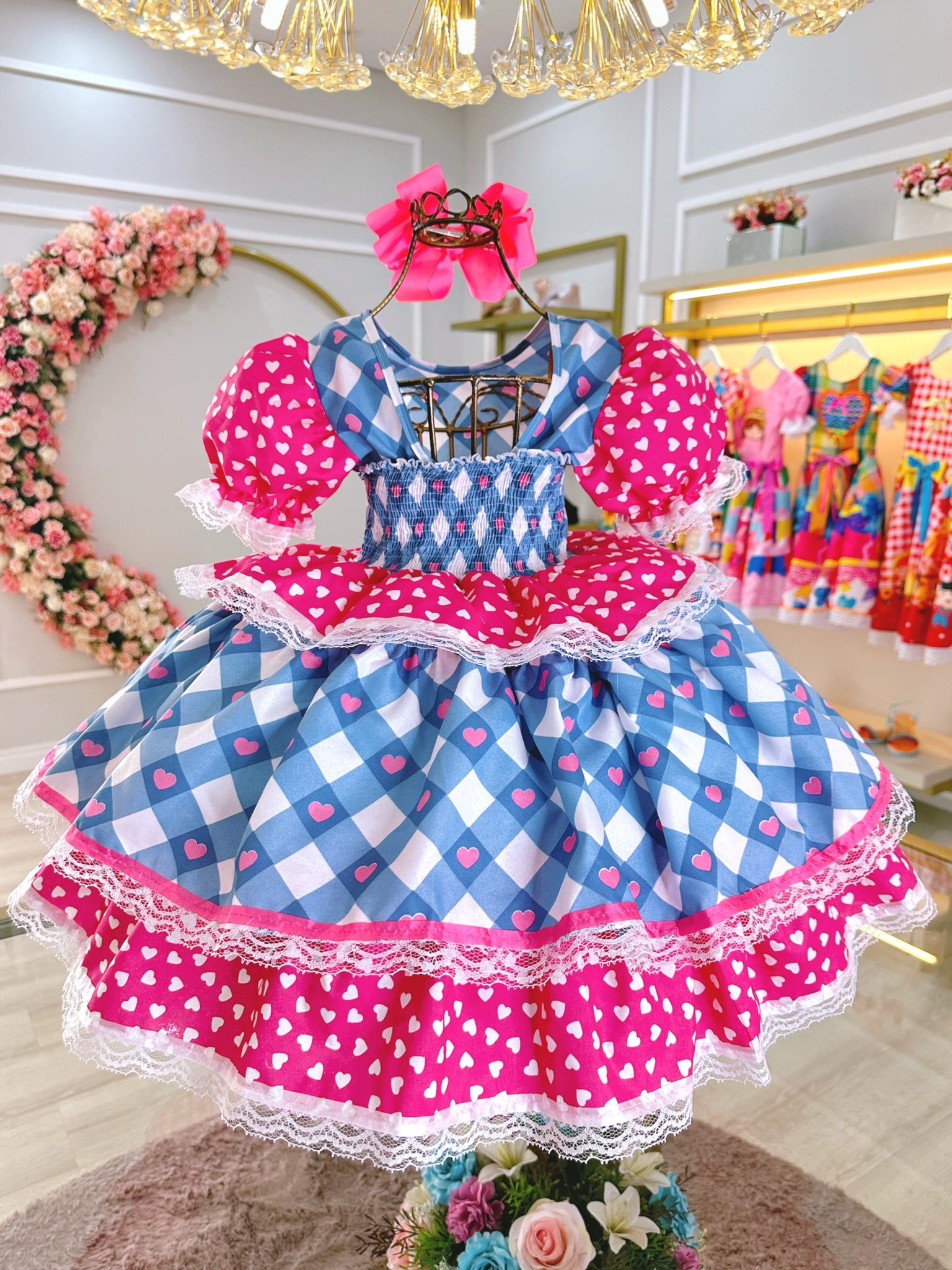 Vestido Infantil Junino Caipira Azul Xadrez Colorido Corações