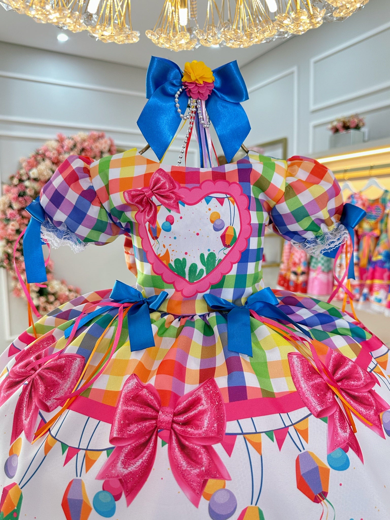 Vestido Infantil Junino Caipira C/ Balões Xadrez Colorido