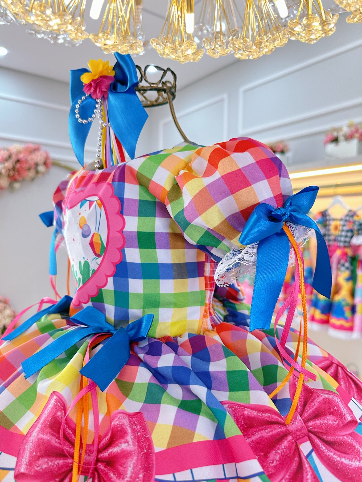Vestido Infantil Junino Caipira C/ Balões Xadrez Colorido