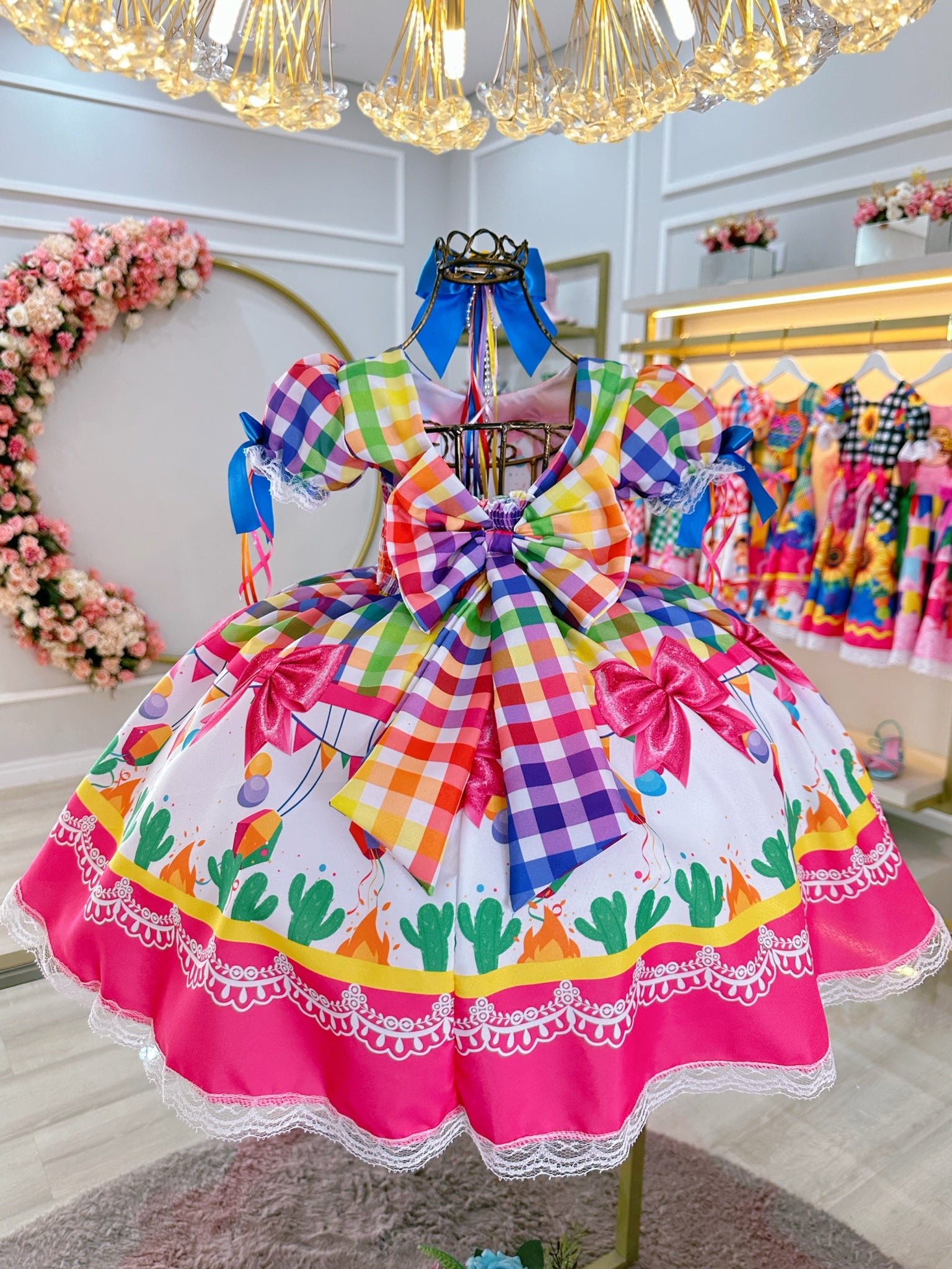 Vestido Infantil Junino Caipira C/ Balões Xadrez Colorido