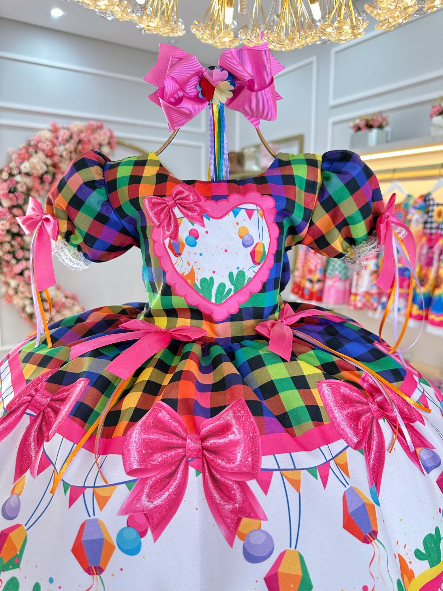 Vestido Infantil Junino Caipira Folia Balões Xadrez Colorido