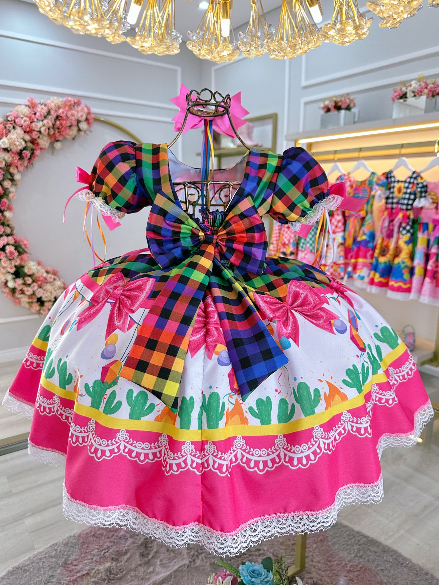 Vestido Infantil Junino Caipira Folia Balões Xadrez Colorido