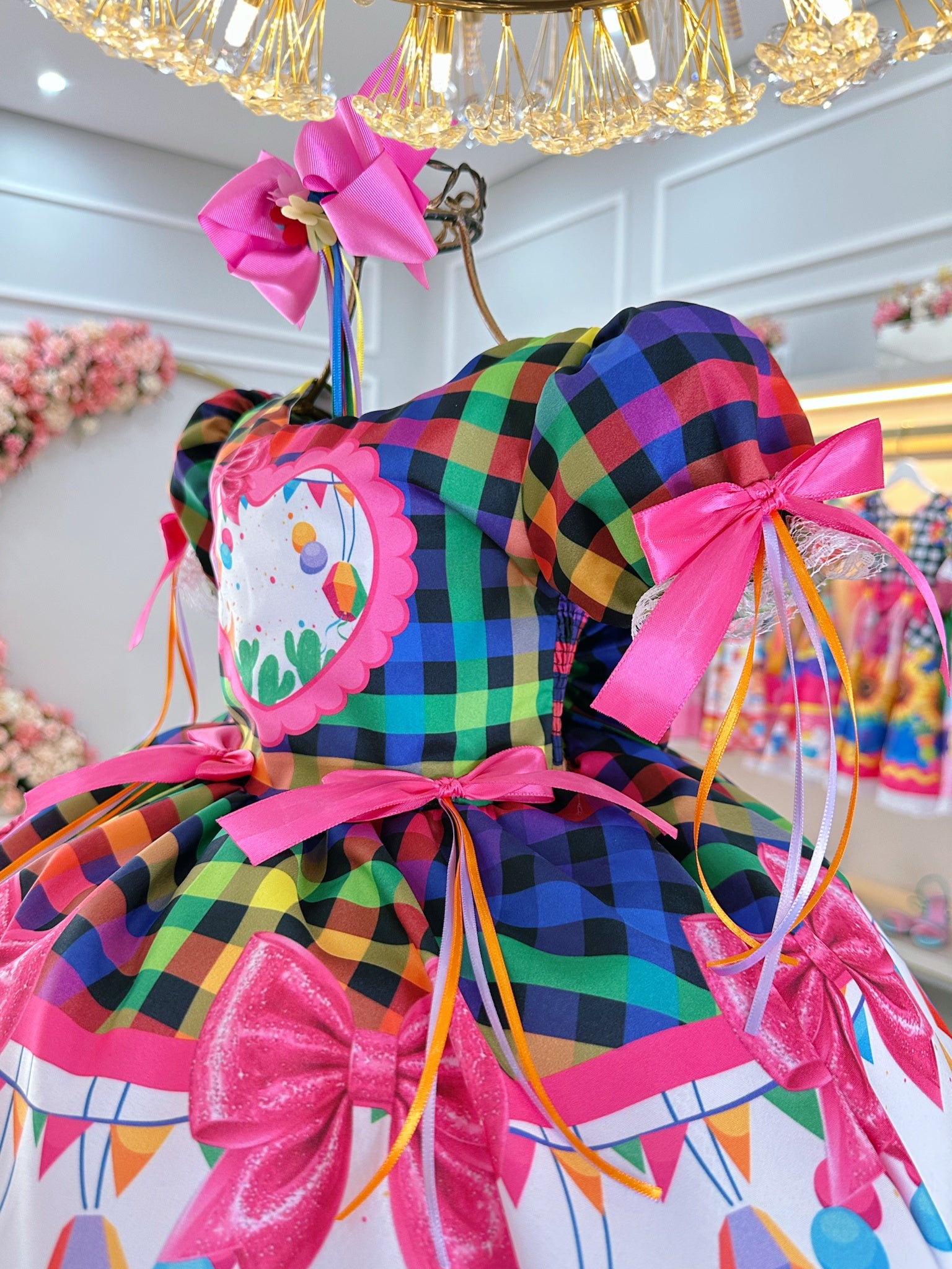 Vestido Infantil Junino Caipira Folia Balões Xadrez Colorido