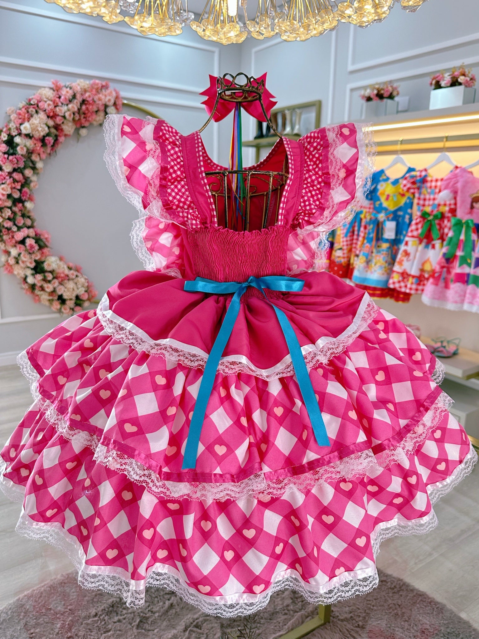 Vestido Infantil Junino Caipira Pink C/ Desenho Corações