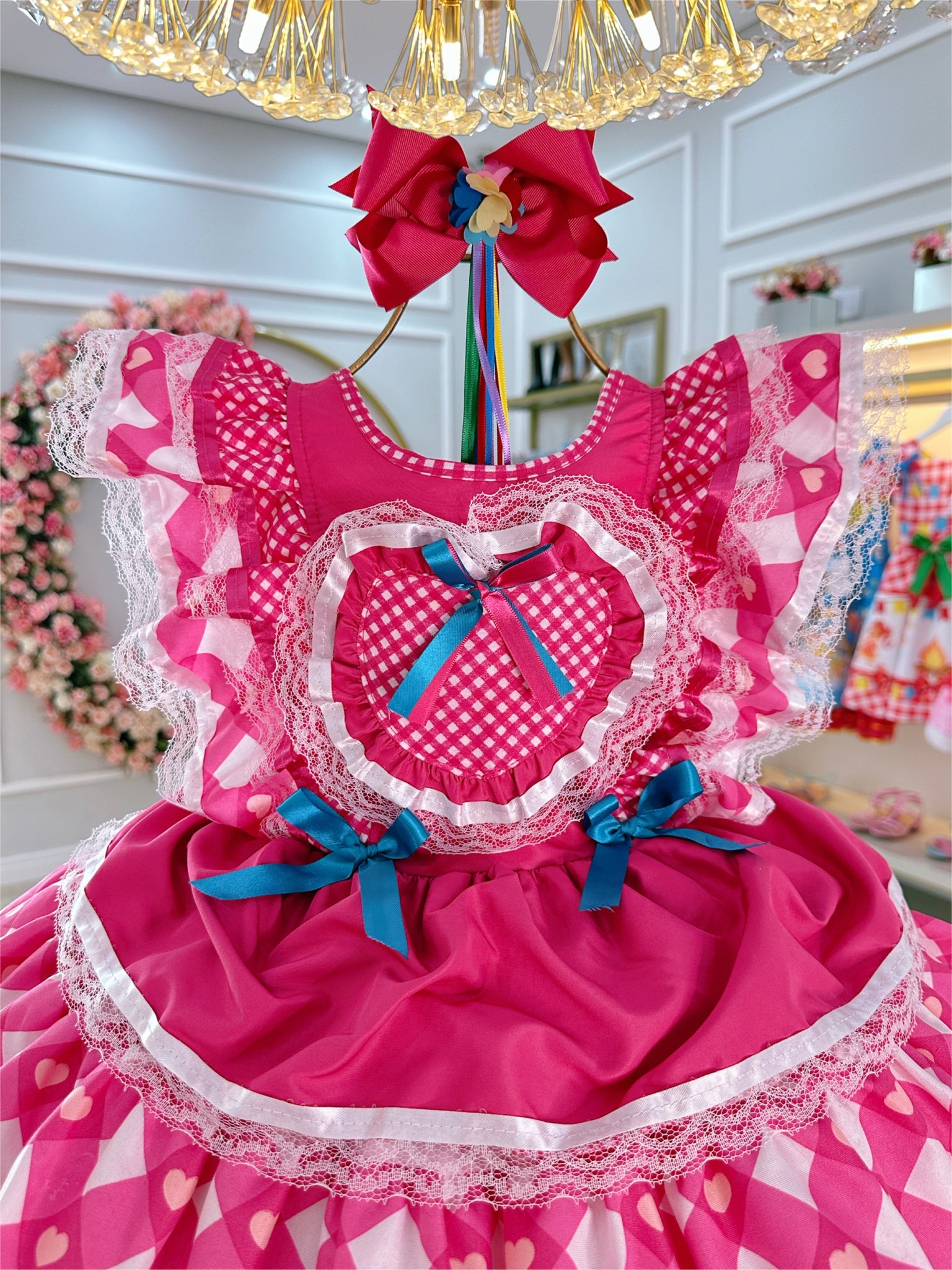 Vestido Infantil Junino Caipira Pink C/ Desenho Corações