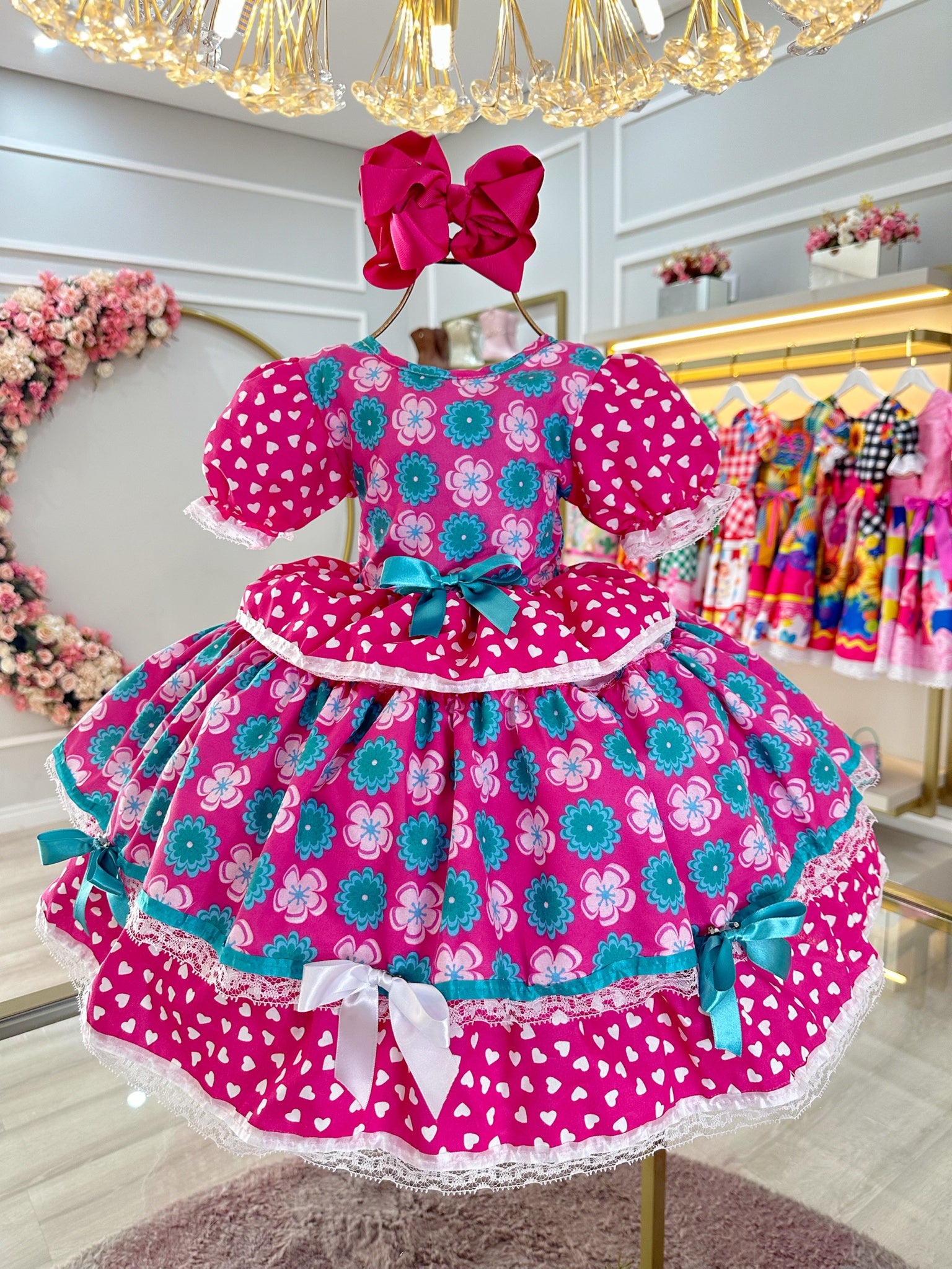 Vestido Infantil Junino Caipira Pink Colorido Corações Flores