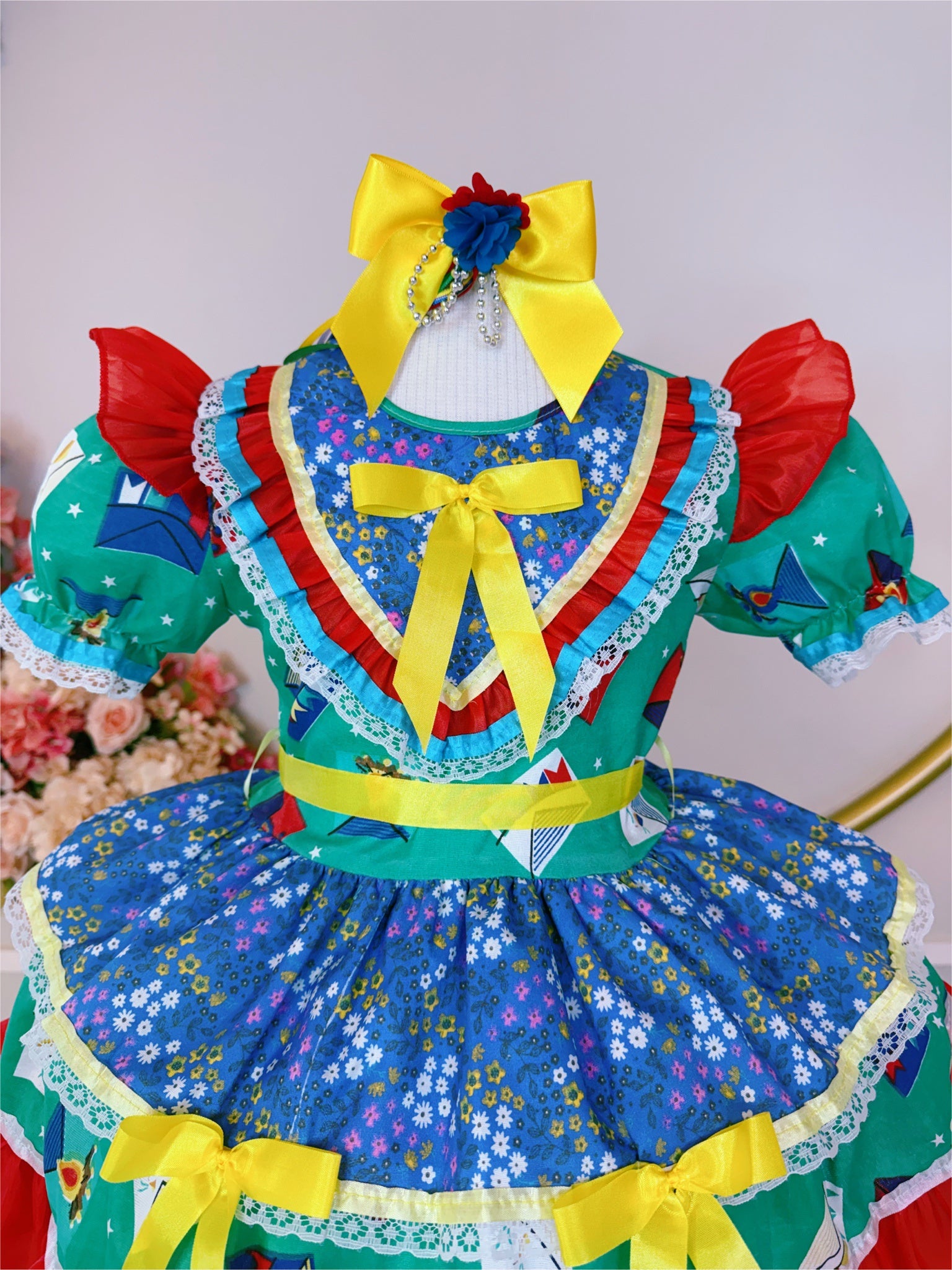 Vestido Infantil Junino Caipira Verde Colorido Estampado