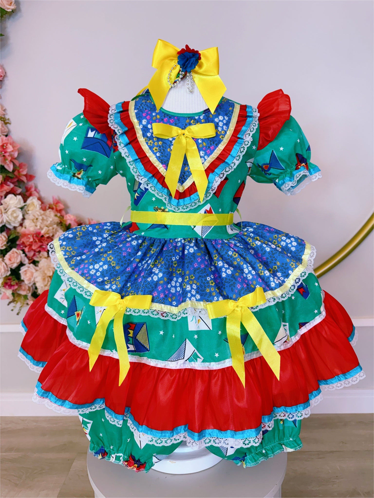 Vestido Infantil Junino Caipira Verde Colorido Estampado