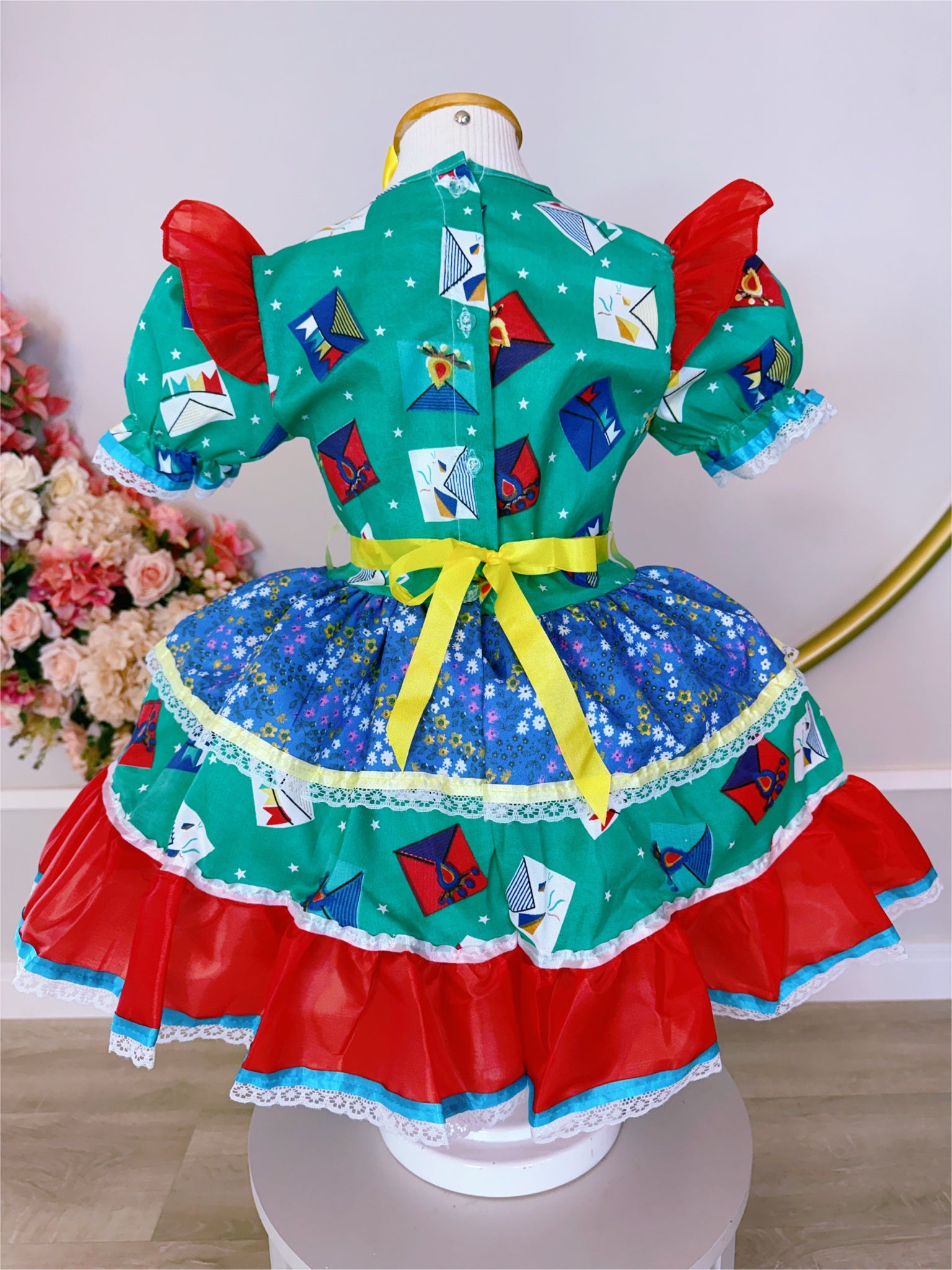 Vestido Infantil Junino Caipira Verde Colorido Estampado