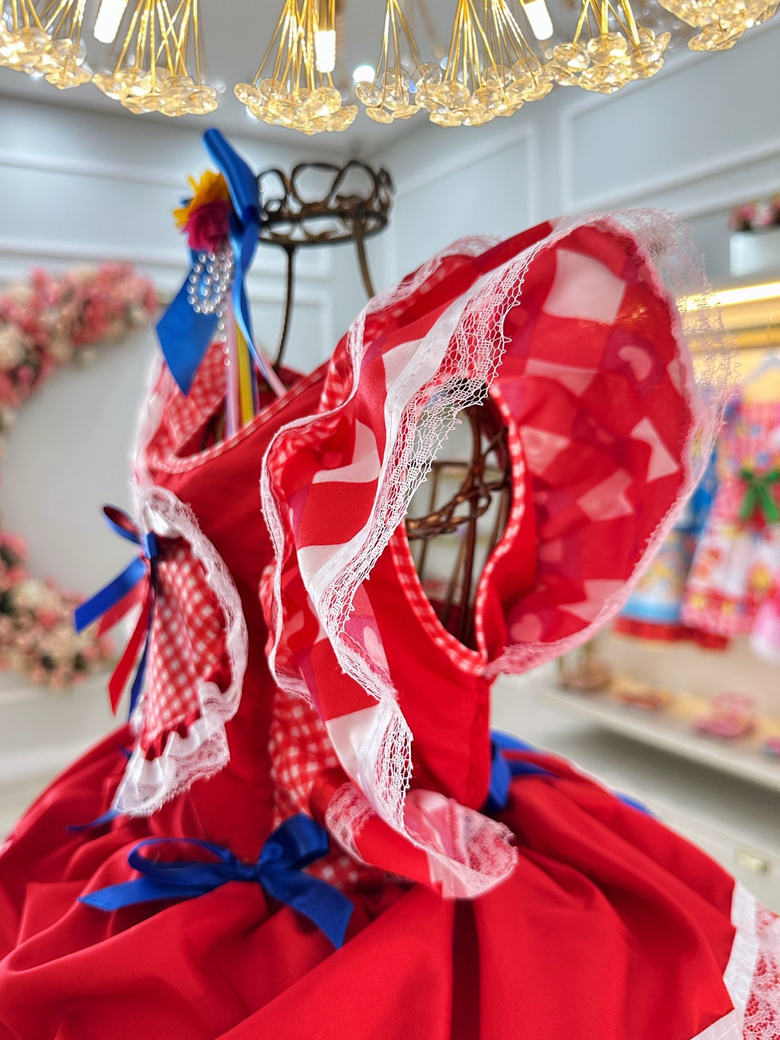 Vestido Infantil Junino Caipira Vermelho C/ Desenho Corações