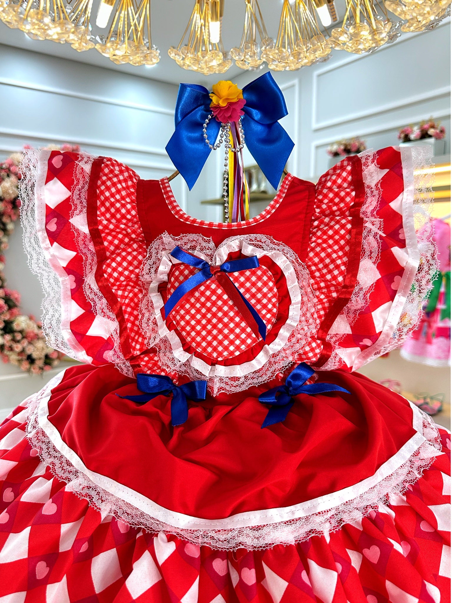 Vestido Infantil Junino Caipira Vermelho C/ Desenho Corações