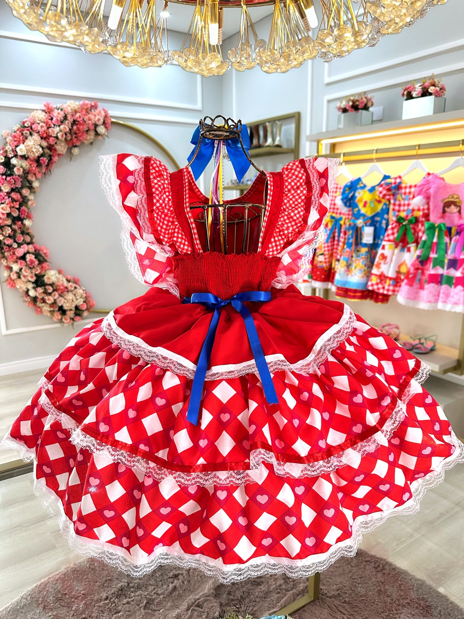 Vestido Infantil Junino Caipira Vermelho C/ Desenho Corações