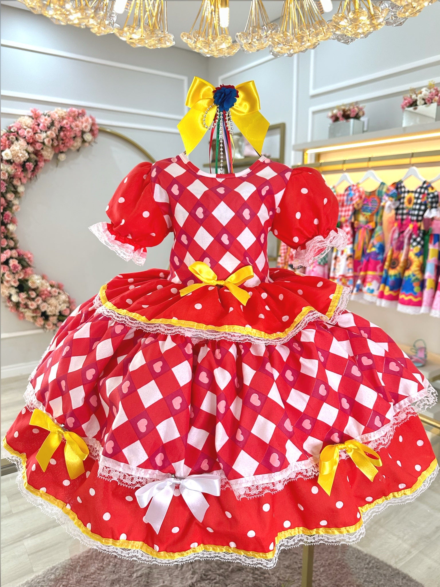 Vestido Infantil Junino Caipira Vermelho Estampas Corações