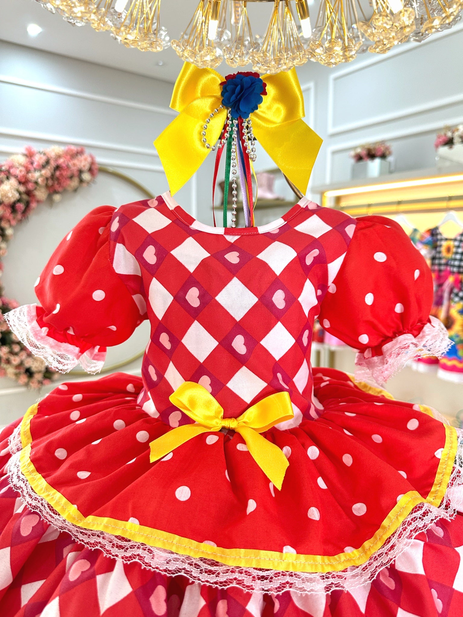 Vestido Infantil Junino Caipira Vermelho Estampas Corações
