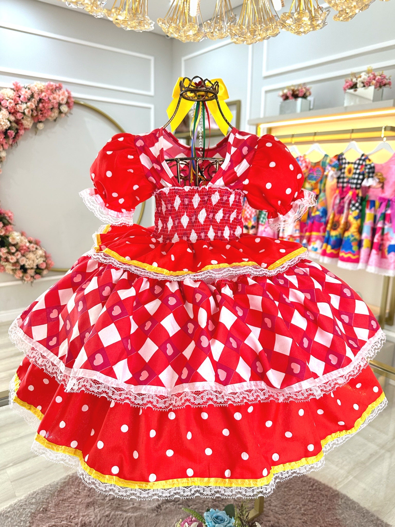 Vestido Infantil Junino Caipira Vermelho Estampas Corações