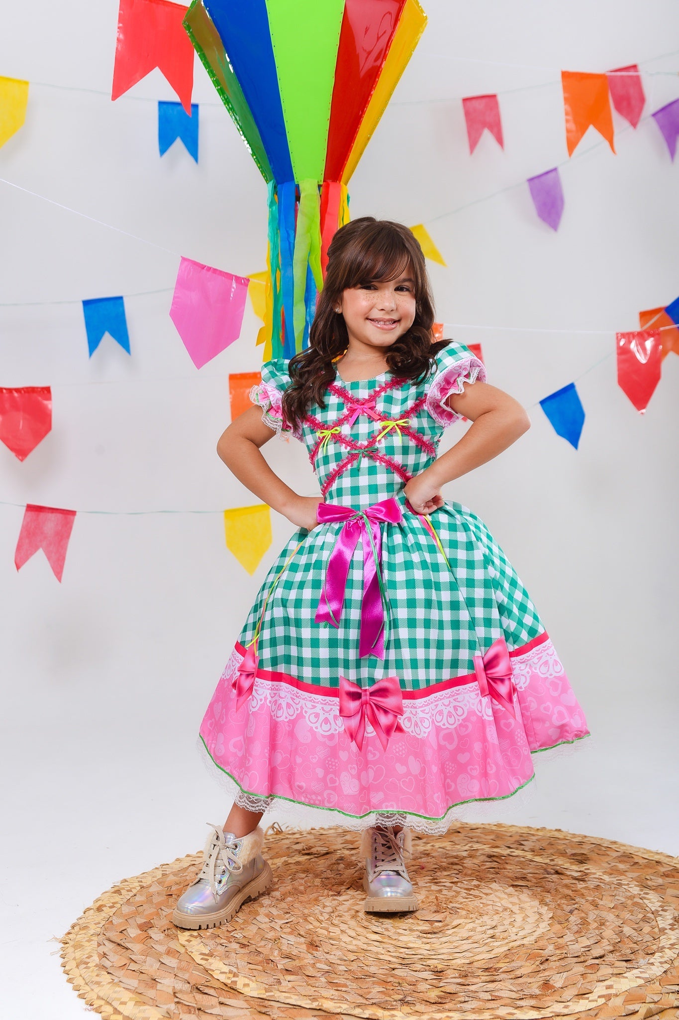 Vestido Infantil Junino Caipira Xadrez Verde e Branco Luxo