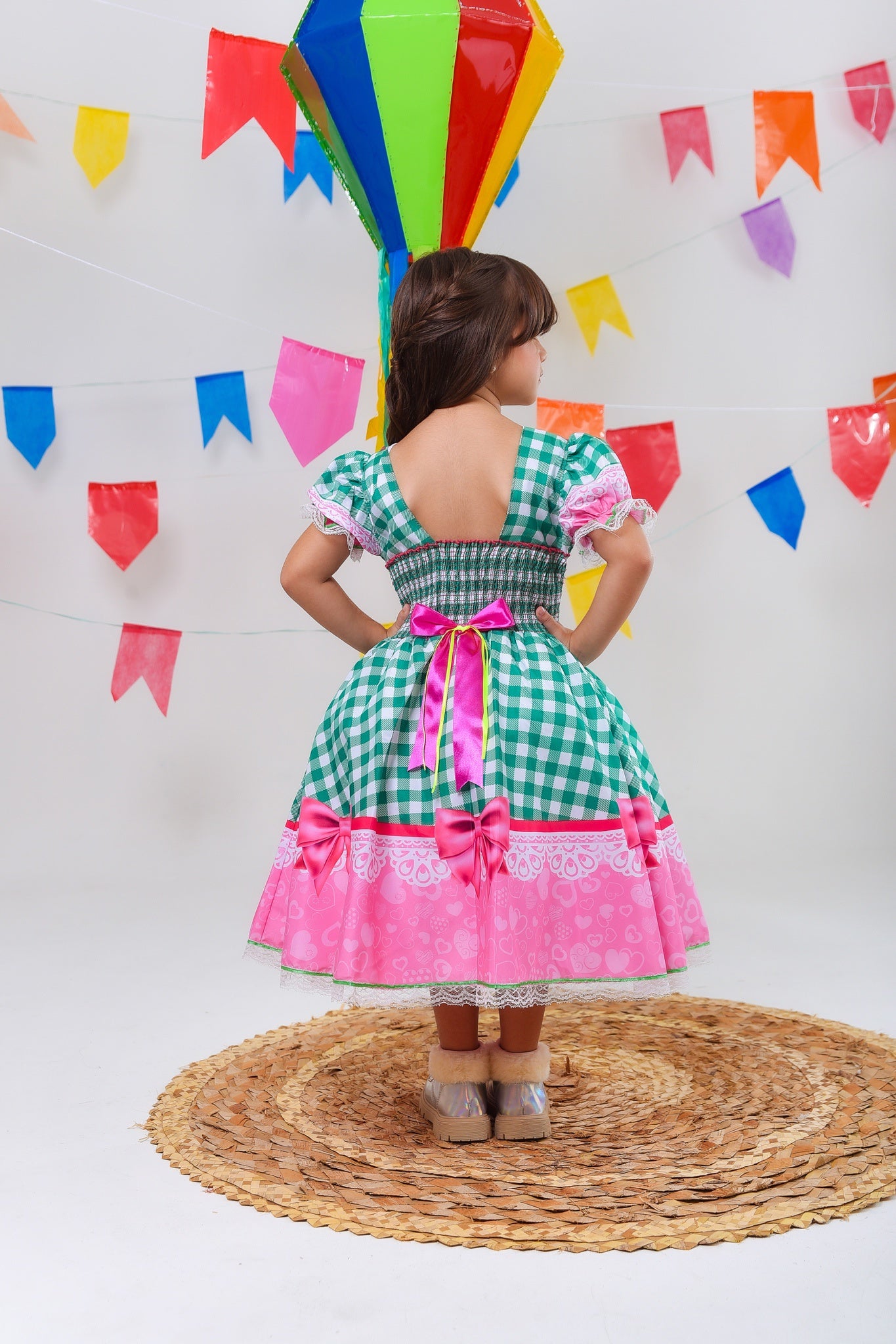 Vestido Infantil Junino Caipira Xadrez Verde e Branco Luxo