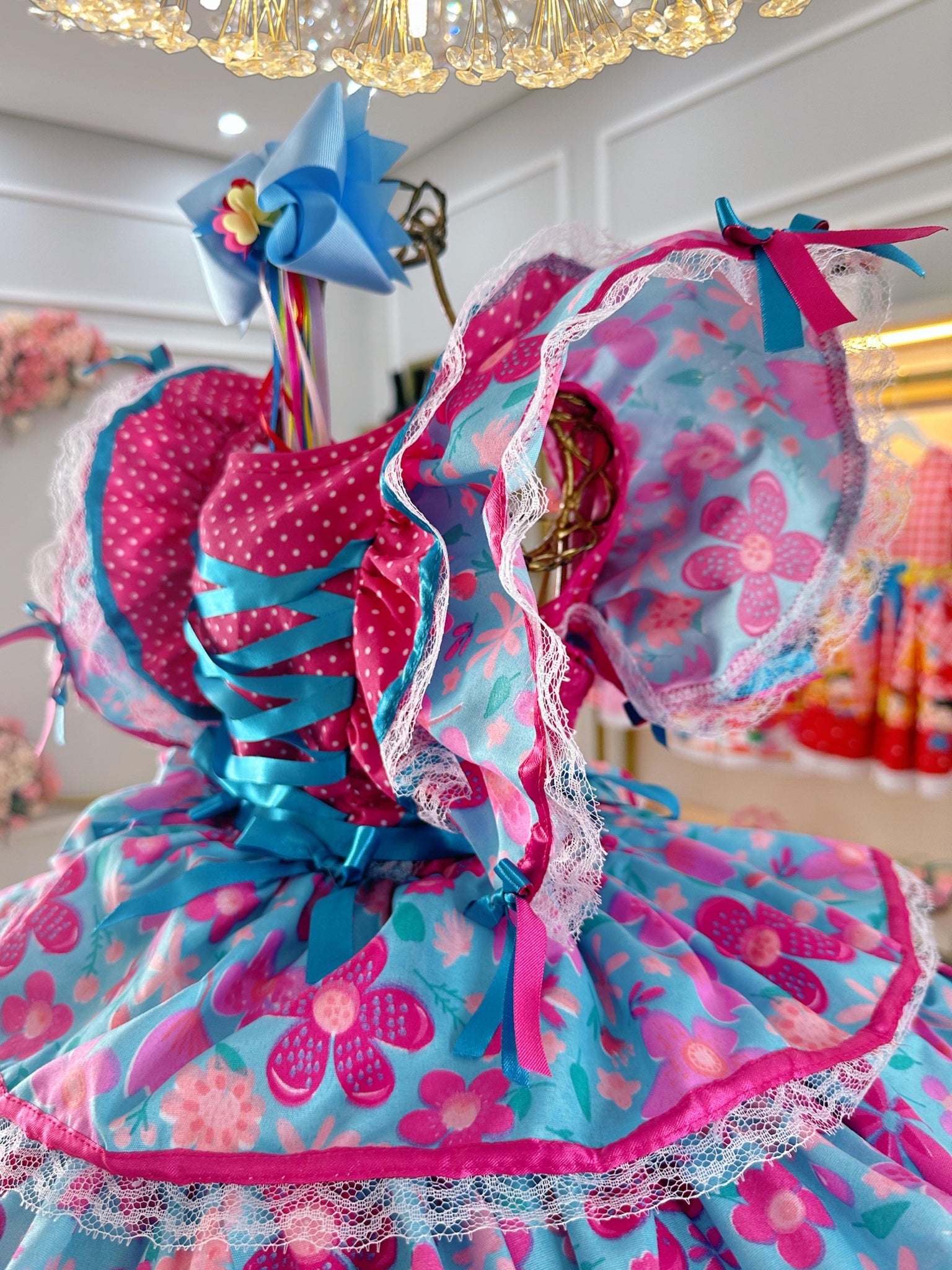 Vestido Infantil Junino Festa Caipira Pink e Azul Florido