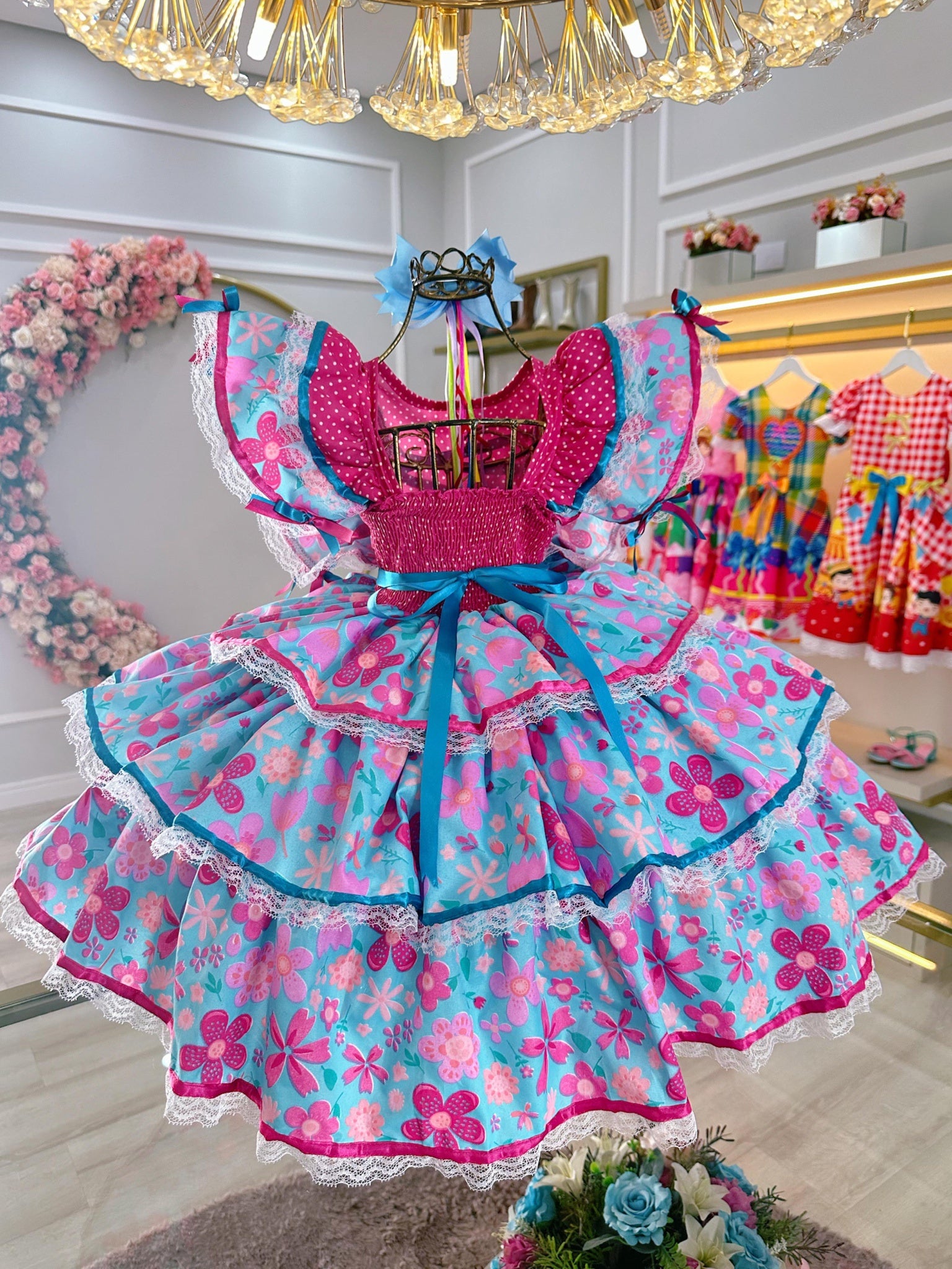 Vestido Infantil Junino Festa Caipira Pink e Azul Florido