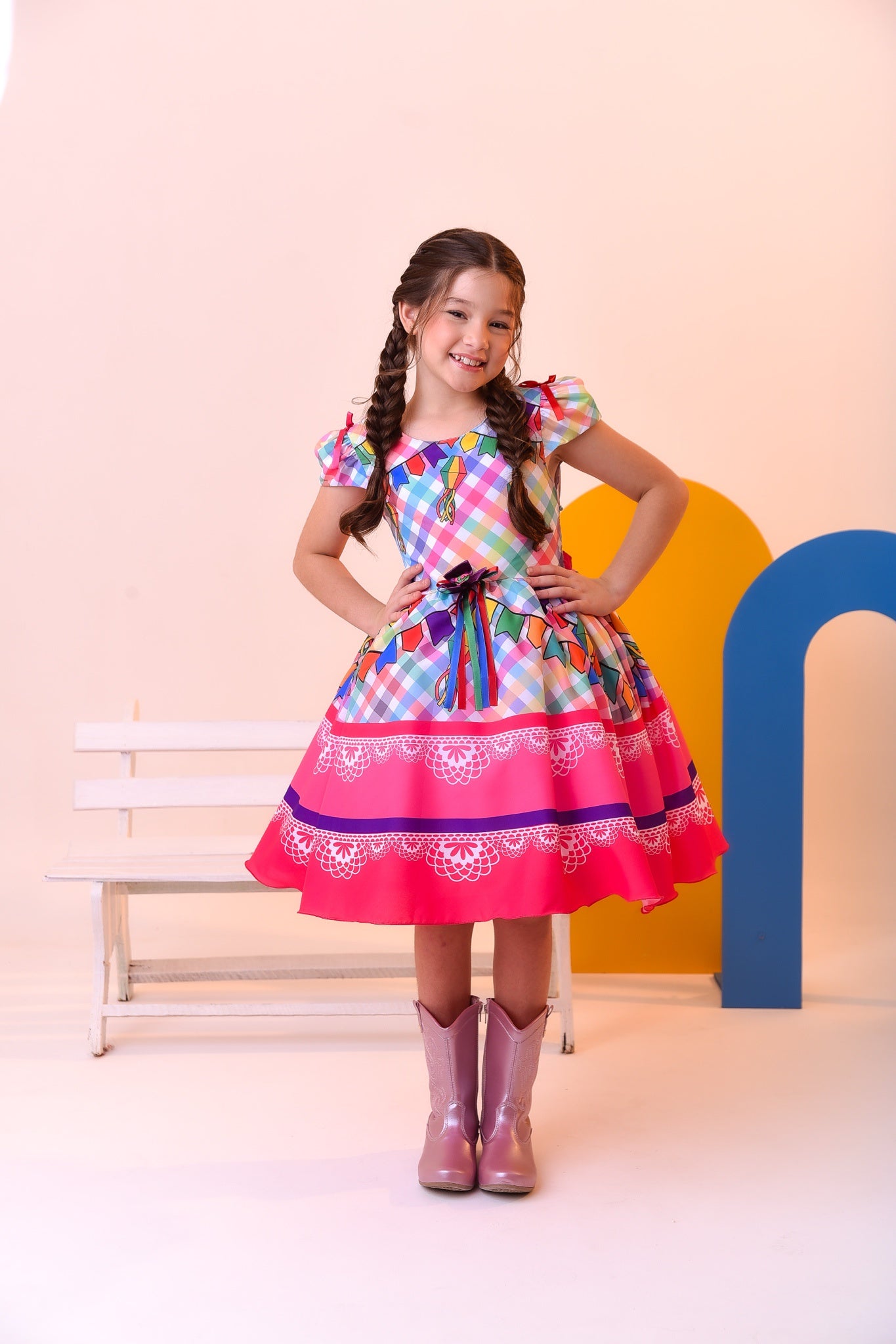 Vestido Infantil Junino Festa São João Luxo Xadrez Colorido