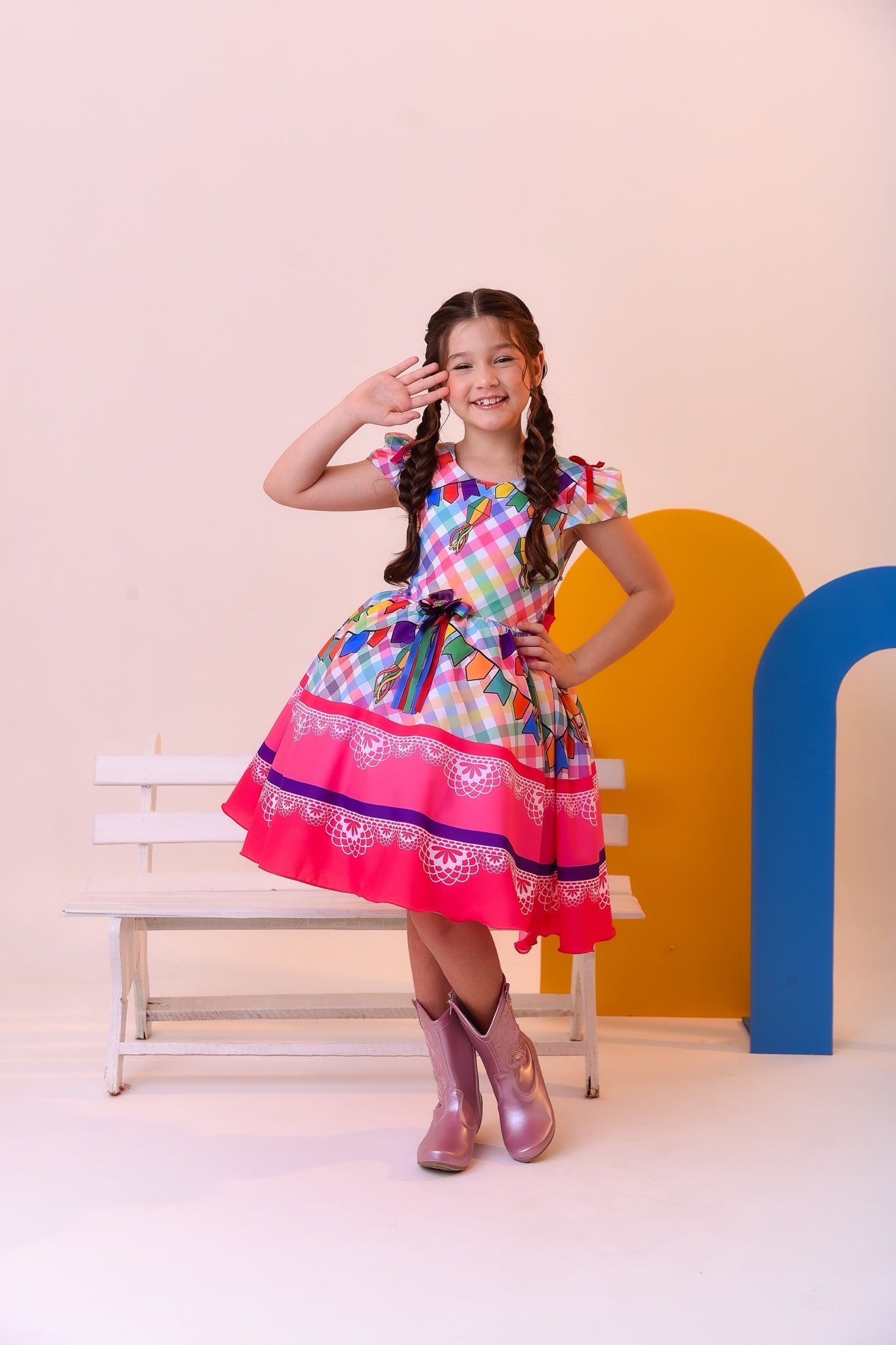 Vestido Infantil Junino Festa São João Luxo Xadrez Colorido