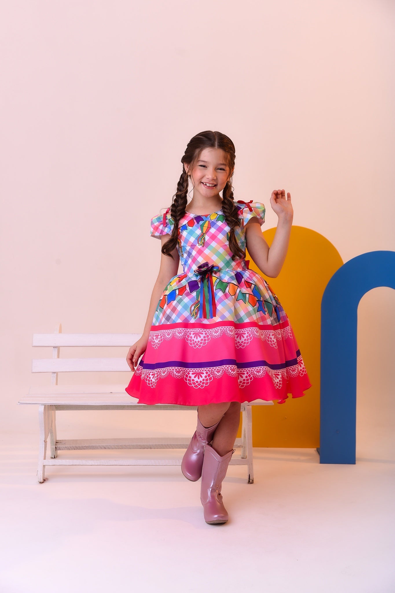 Vestido Infantil Junino Festa São João Luxo Xadrez Colorido