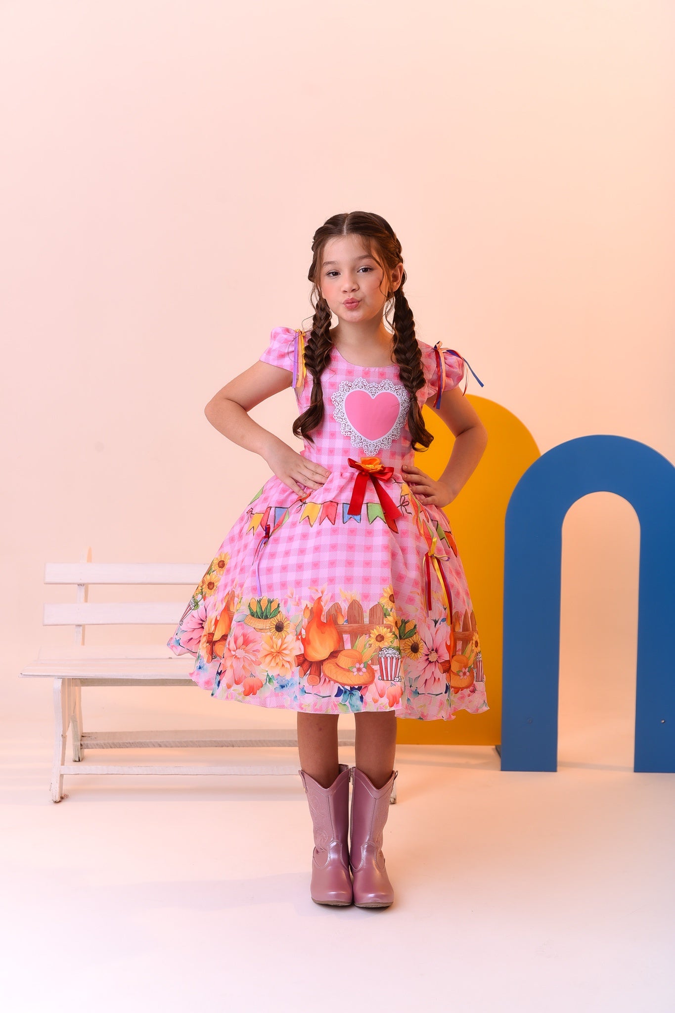Vestido Infantil Junino Festa São João Rosa Xadrez Girassol