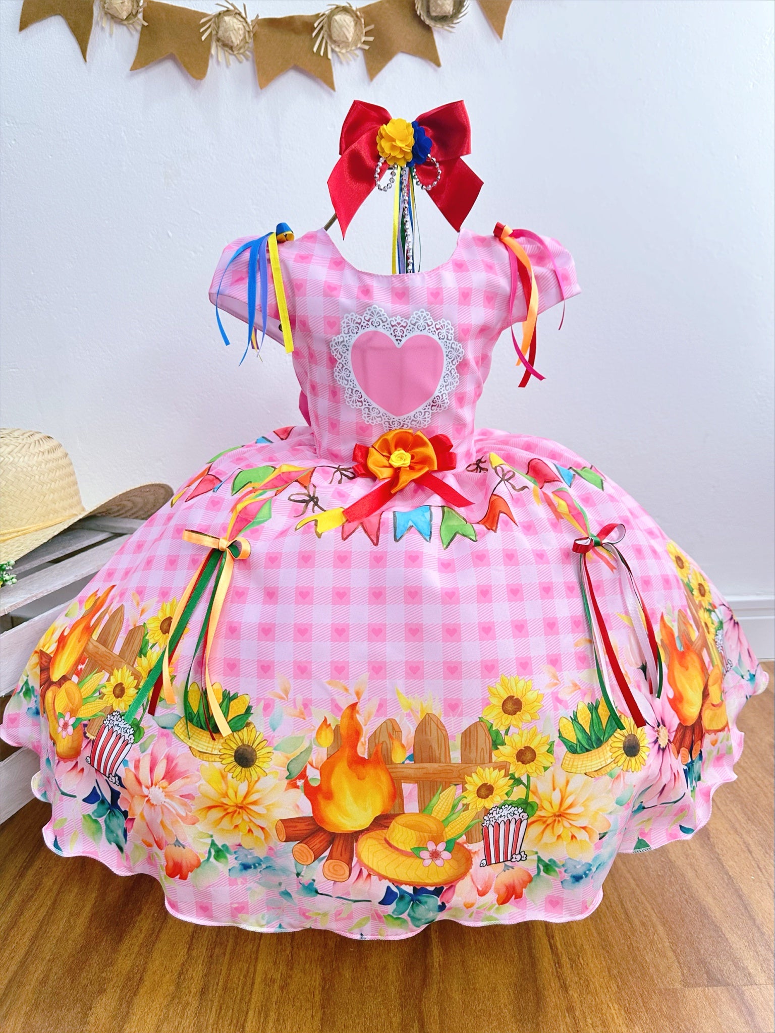Vestido Infantil Junino Festa São João Rosa Xadrez Girassol