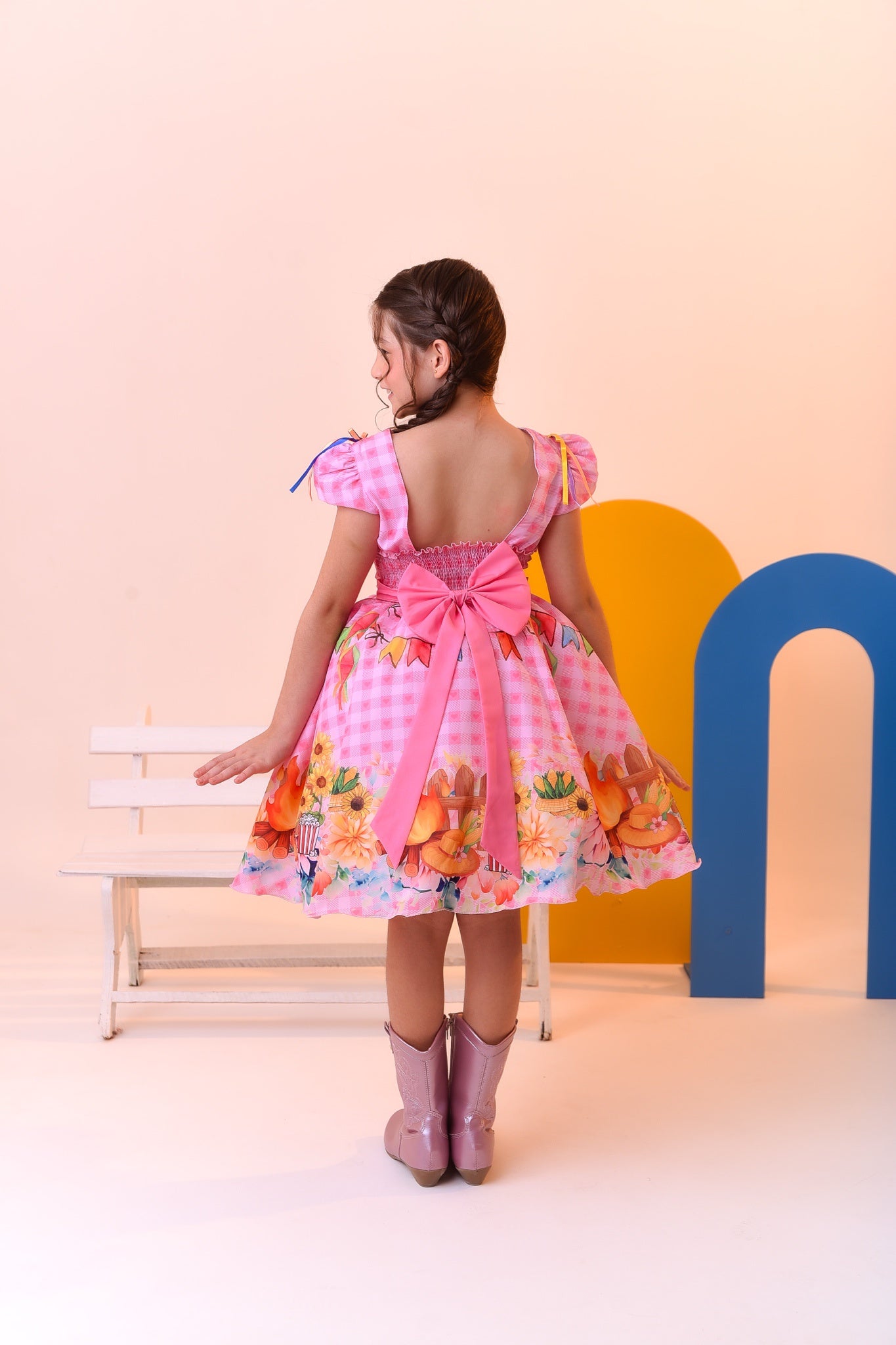Vestido Infantil Junino Festa São João Rosa Xadrez Girassol