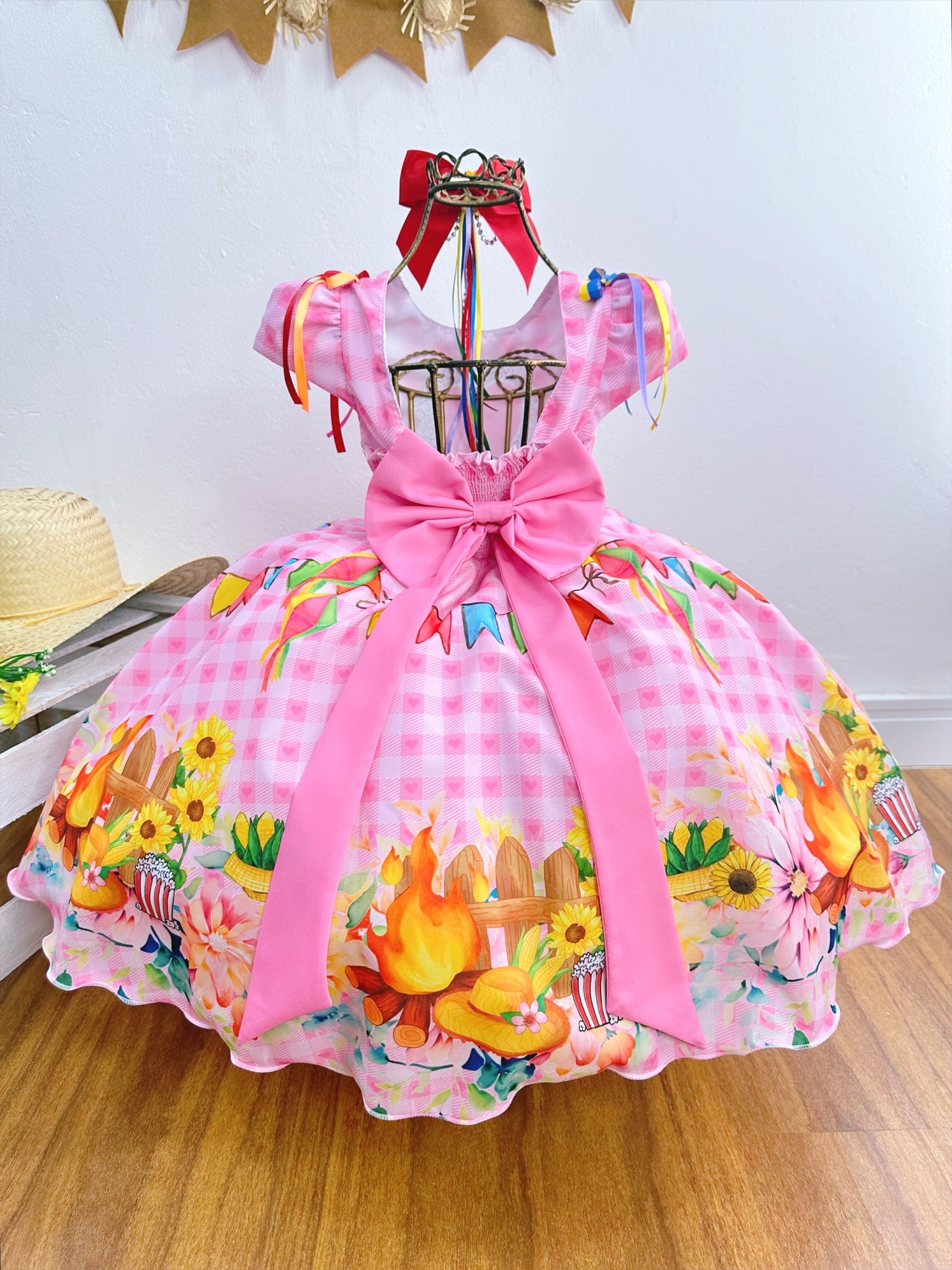 Vestido Infantil Junino Festa São João Rosa Xadrez Girassol
