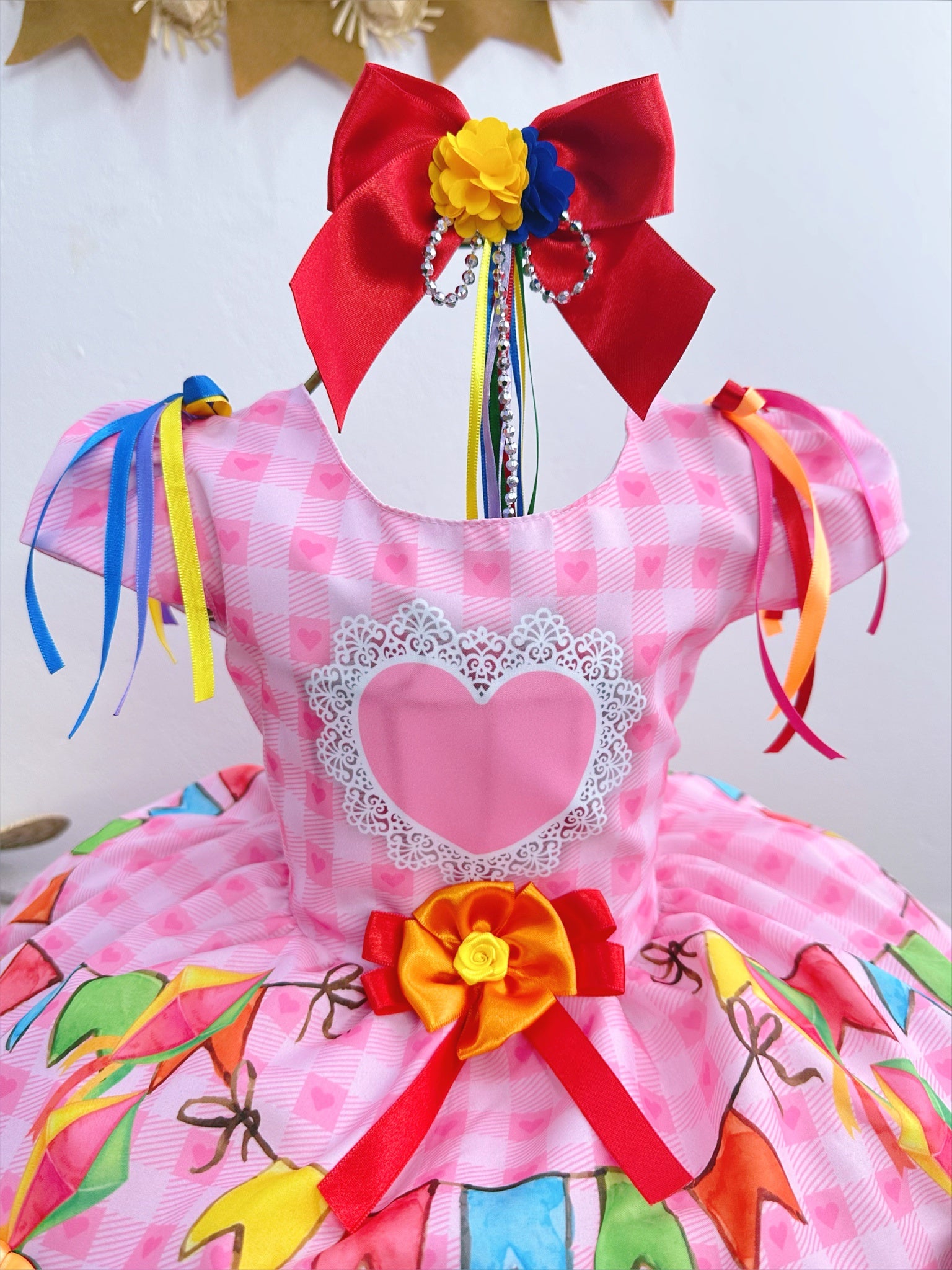 Vestido Infantil Junino Festa São João Rosa Xadrez Girassol